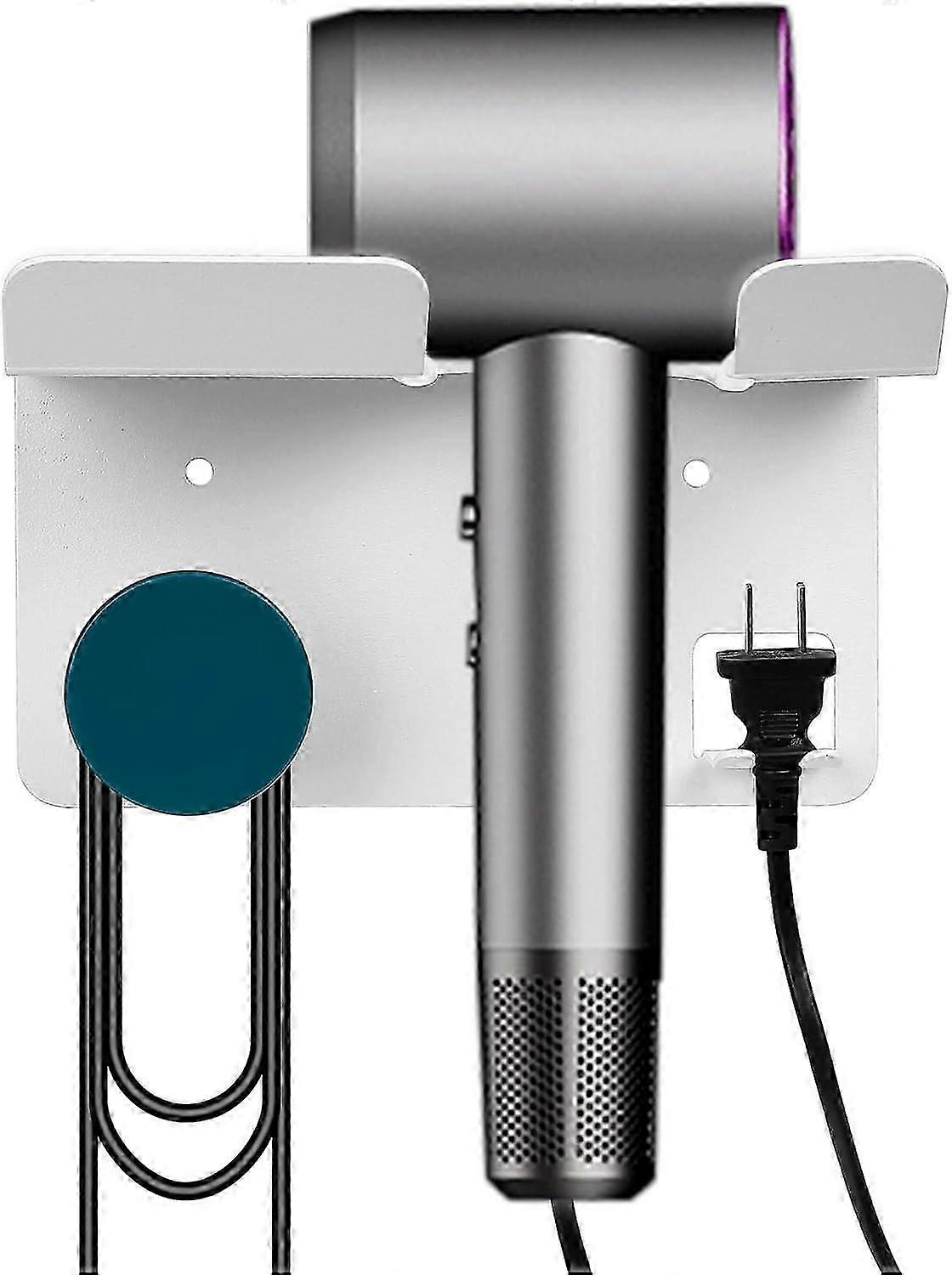 1pc Hair Dryer Holder Wall Mounted with Plug Cord Organizer, White+Blue