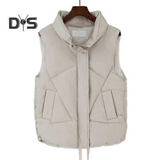 Women Autumn Winter Cotton Padded Waistcoat Stand Collar Sleeveless Vest Jacket Pockets Zipper Buttons Placket Windproof Warm Vest Coat
