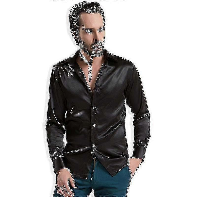 رجالي فاخر الحرير اللامع مثل الساتان قميص طويل الأكمام نحيف صالح YH