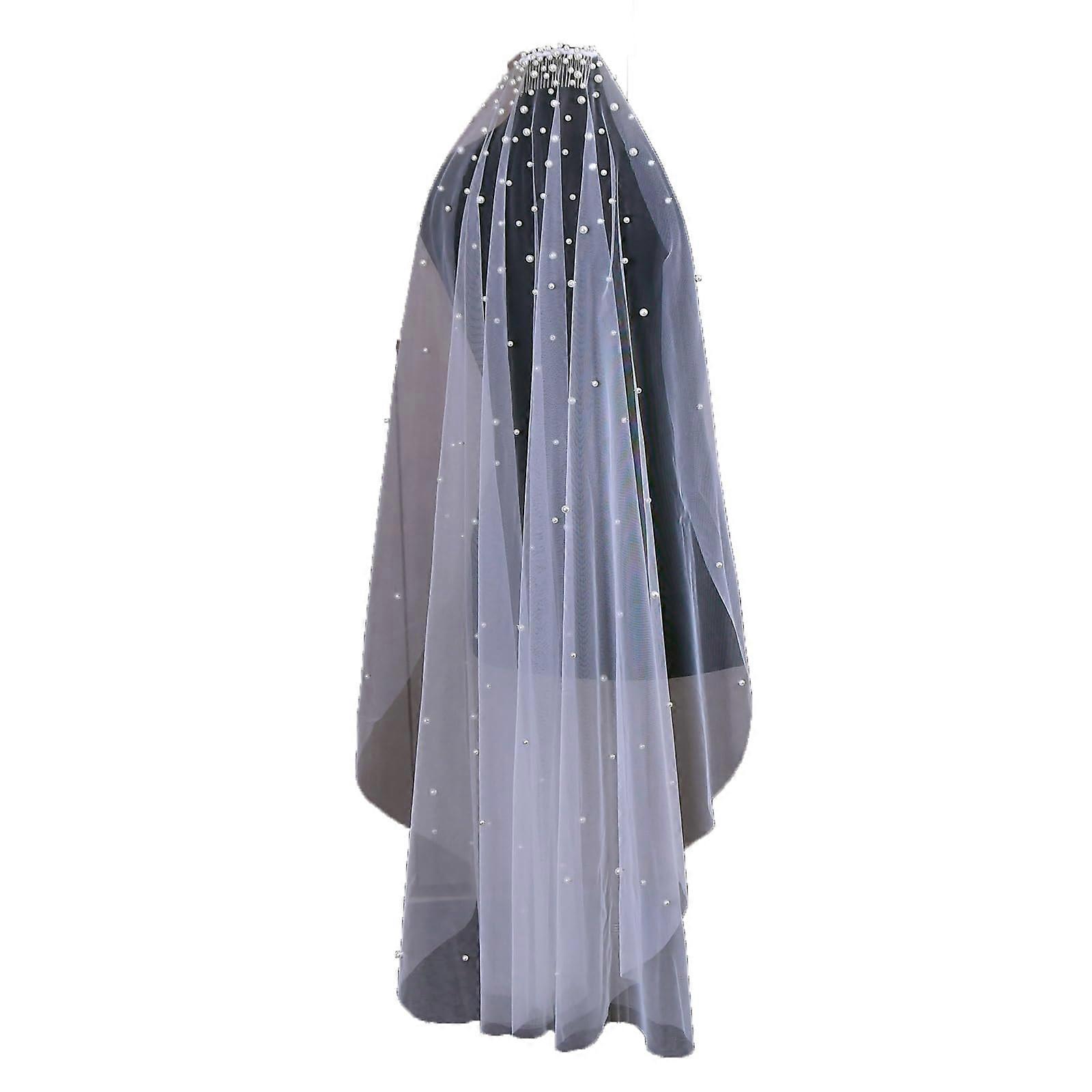 Single-layer pearl fingertip wedding veil with lace