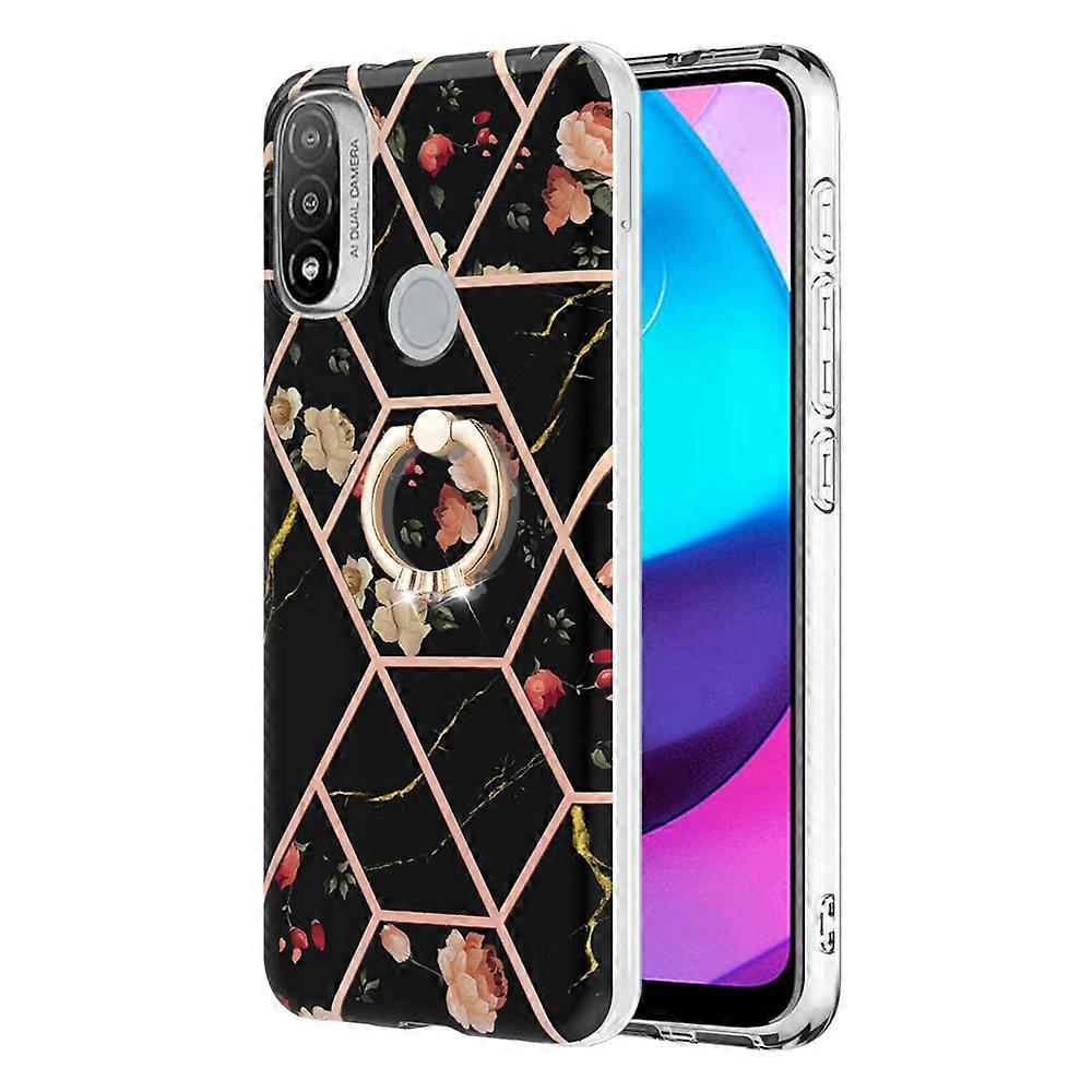 For Motorola Moto E20 / E30 / E40 Splicing Marble Flower Pattern TPU Ring Holder Case