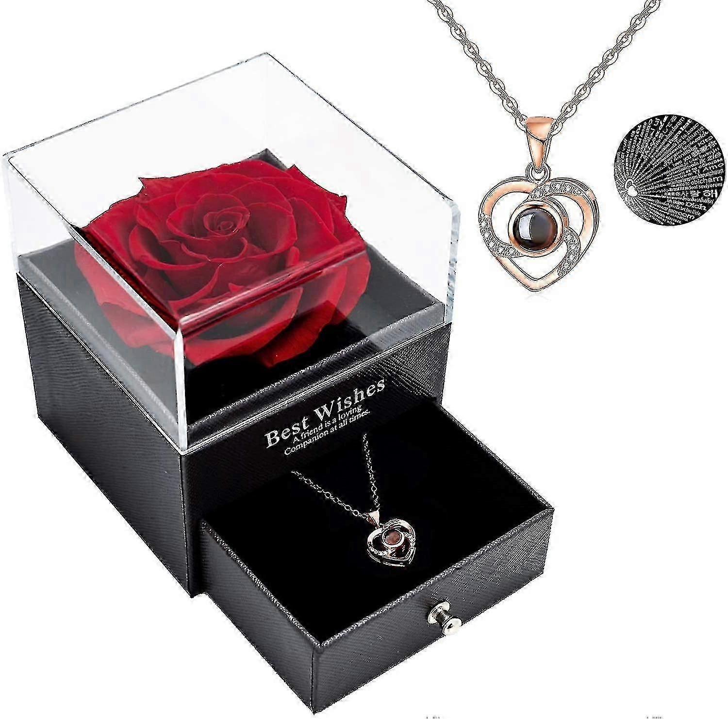 Konservierte echte Rose mit „Ich liebe dich“-Halskette in 100 Sprachen als Geschenkset