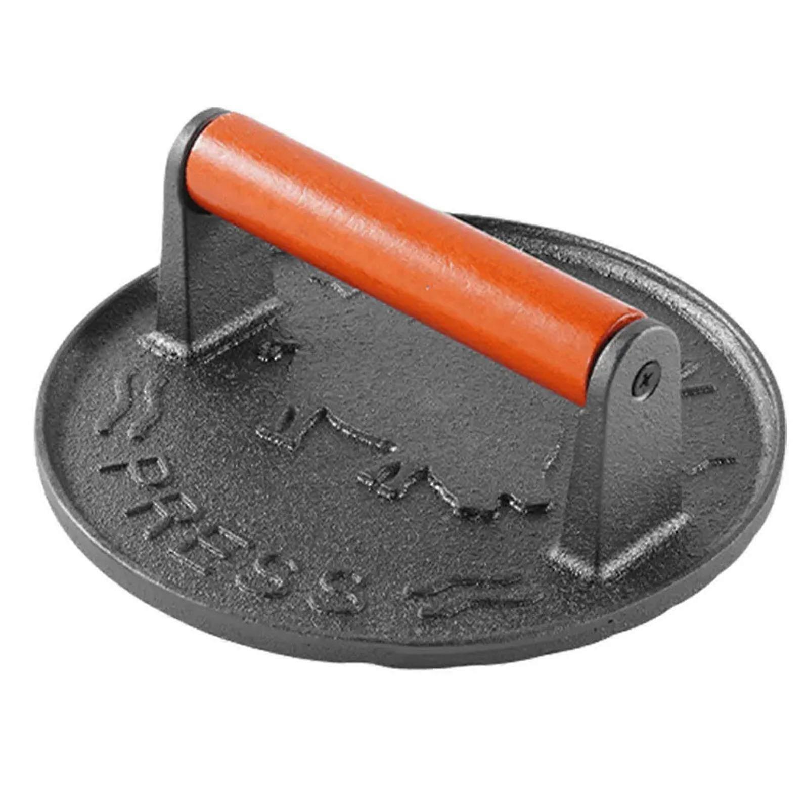 Iron Meat Press Manual Nonstick Non Coated Burger Press Round Beech Handle BBQ Teppan Squid