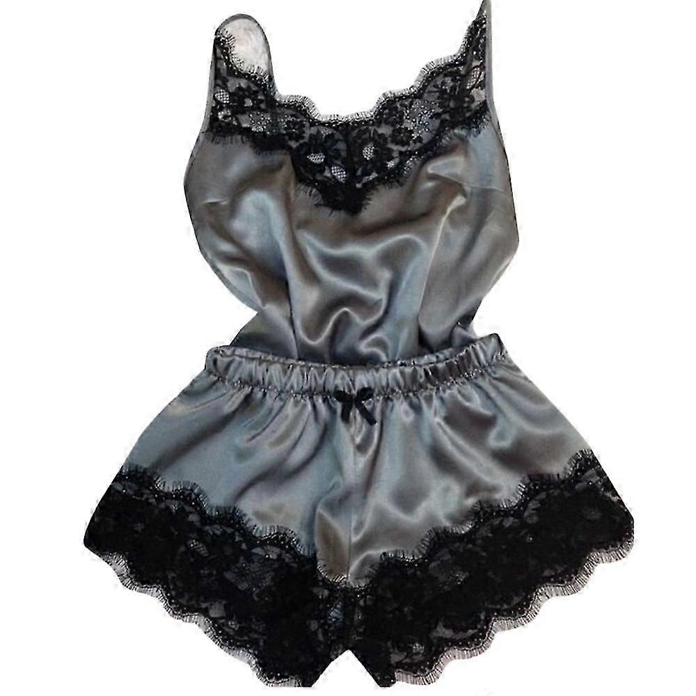 Heytea Women Lace Silk Satin Cami Vest Shorts Pyjamas Pjs Set Sexy Lingerie Nightwear Sleepwear Grey