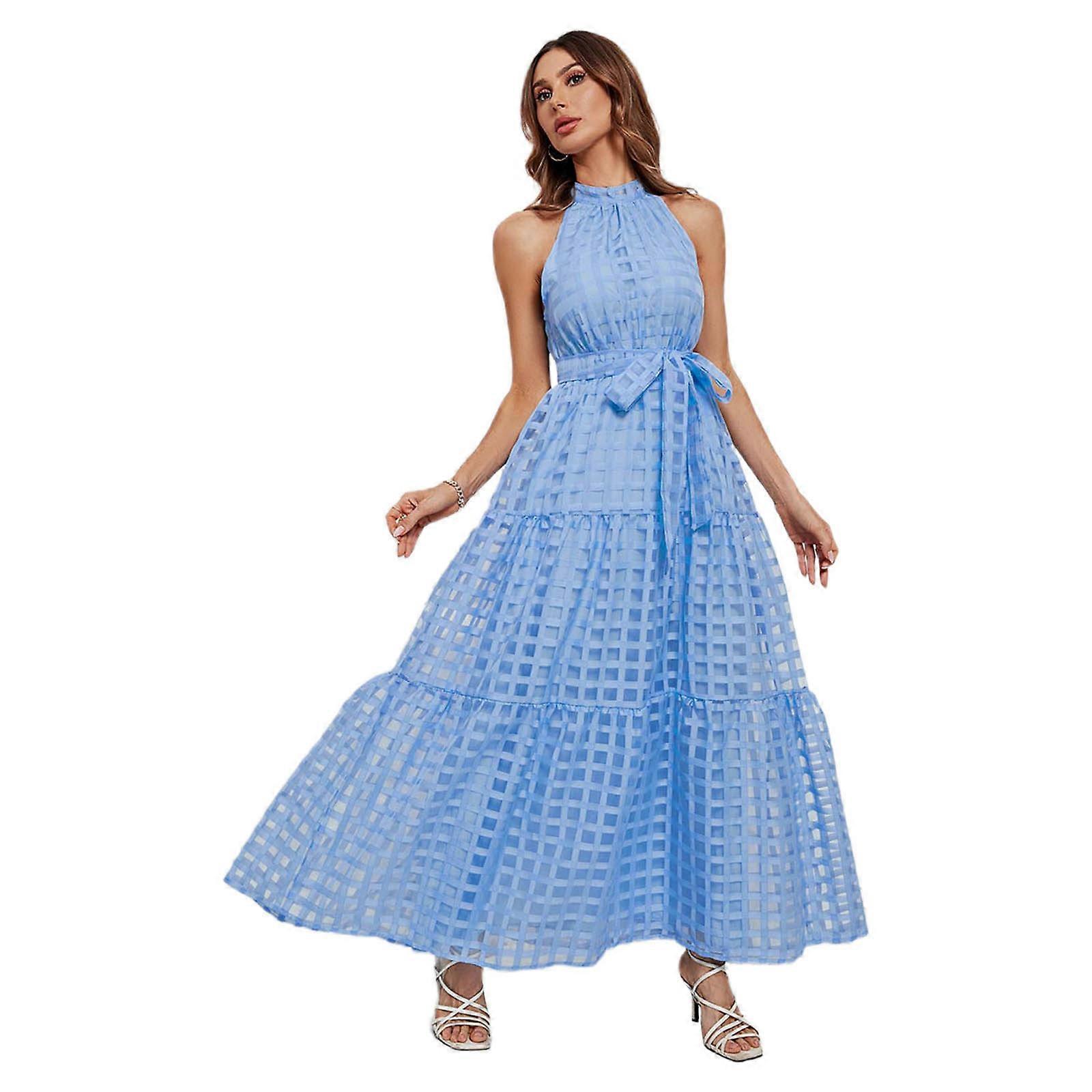 Trend Halter Dress Elegant Maxi Dress with Waist Strap and Ruffled Hem  Design Casual Loose Mini Dress for Evening Party light blue L