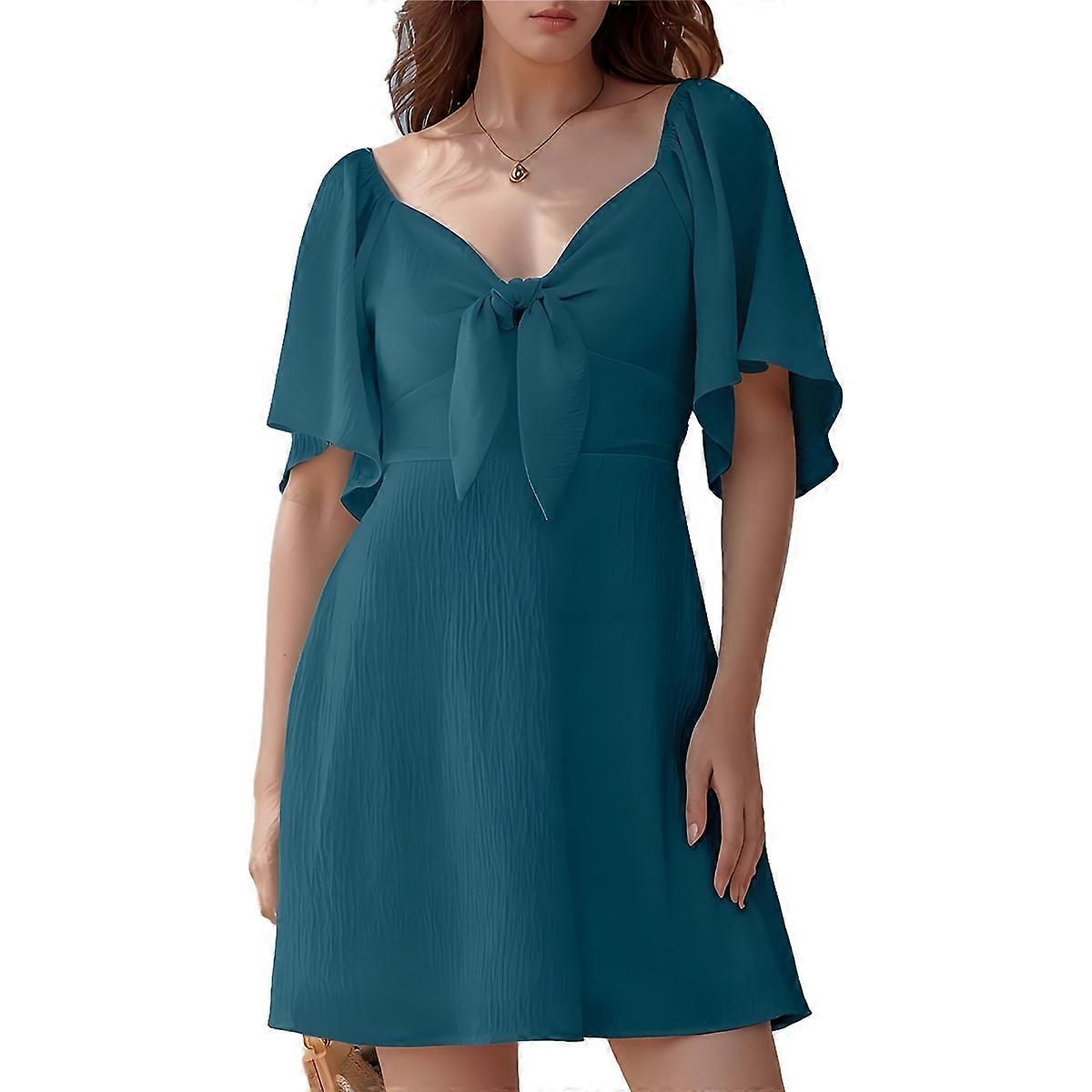 Deep V Neck Elegant Bow Tie Mini Dress Sea Blue XL