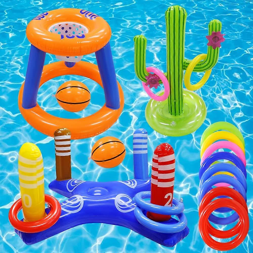 Inflatable pool toys games for pool basketball hoop and cactus ring toss