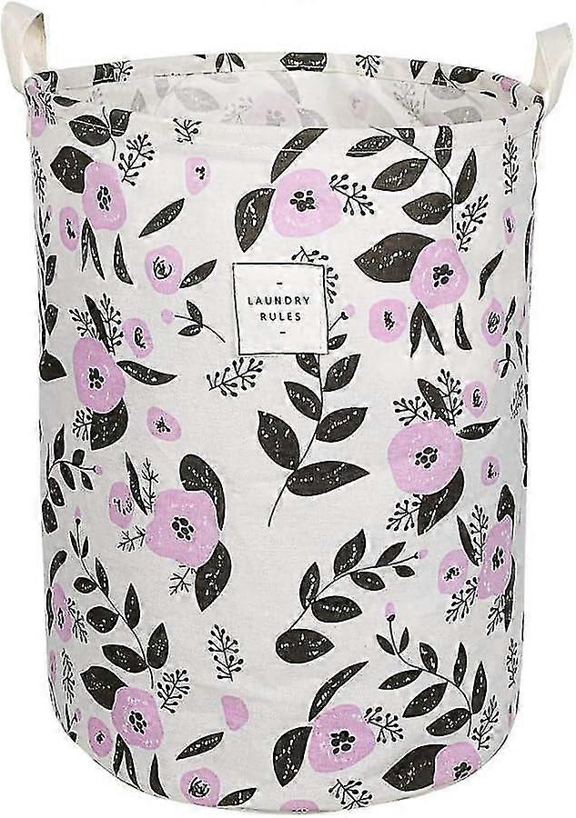 Collapsible Laundry Basket, Laundry Hamper With Handles Waterproof Round Cotton Linen Laundry Hamper Printing Household Organizer Basket, 19.7x15.7 In