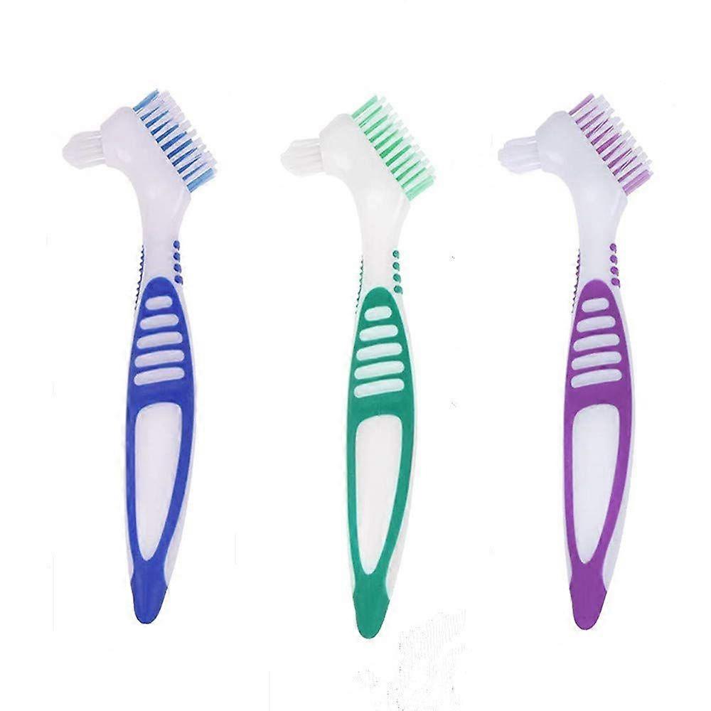 3 Pcs Denture Cleaning Brush Portable Cleaning Brush False Teeth Brushes for Denture Care Denture Cleaner with Multi-Layered Soft Bristles and Dual An