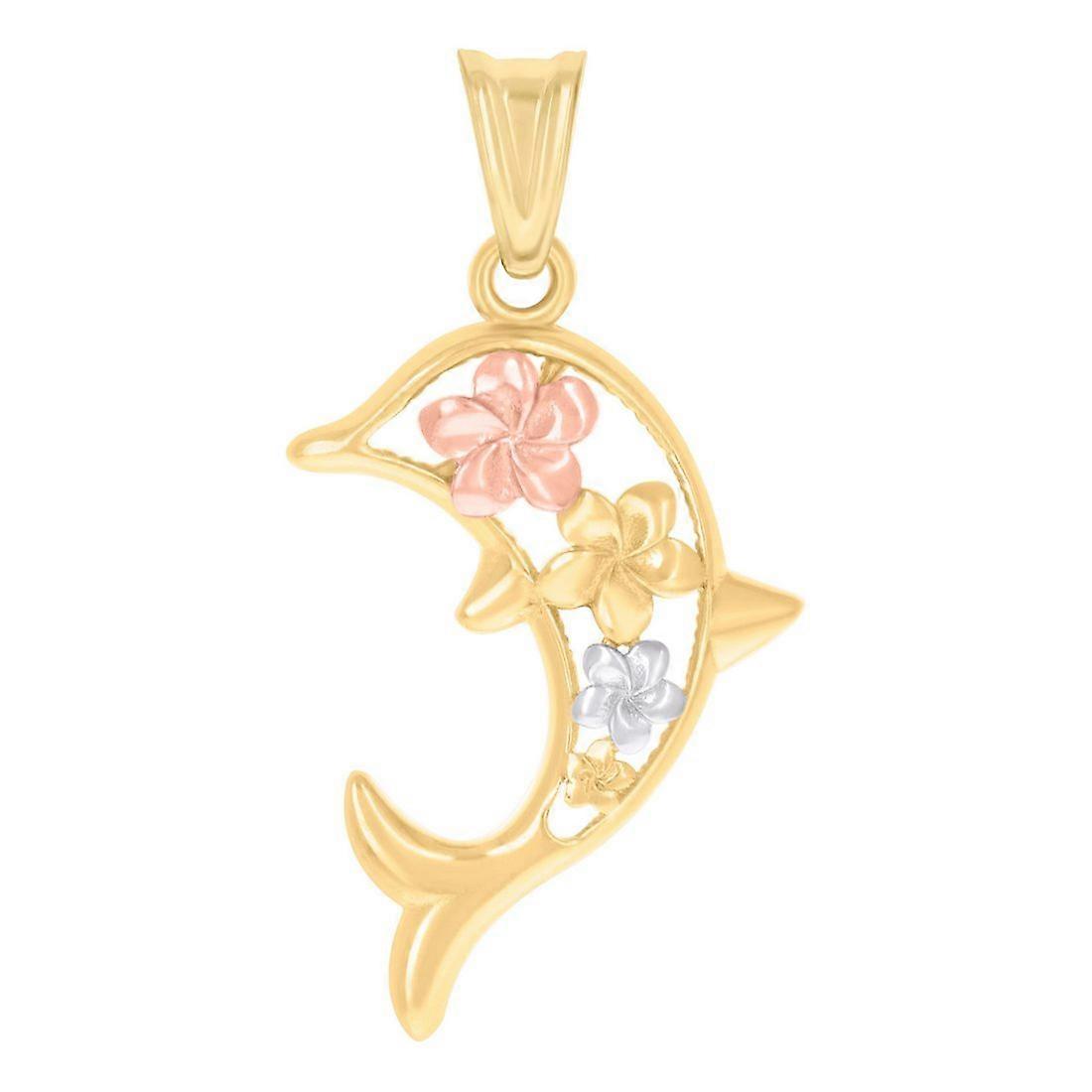14k Tri color Gold Womens Floral Dolphin Animal Sealife Fish Ocean Charm Pendant Necklace 29.8x14.7mm Wide-Pendant for W