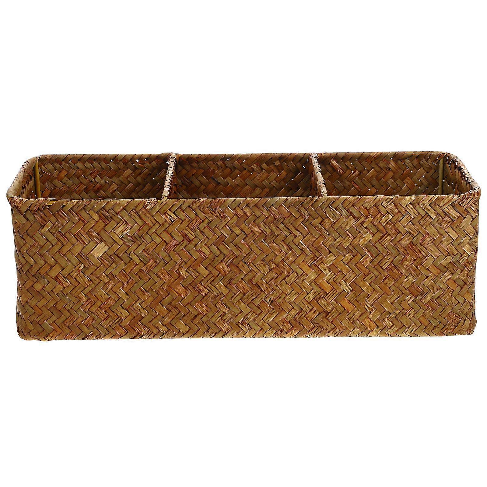 Woven Sundries Storage Container 3-Compartment Storage Box Remote Controller Holder