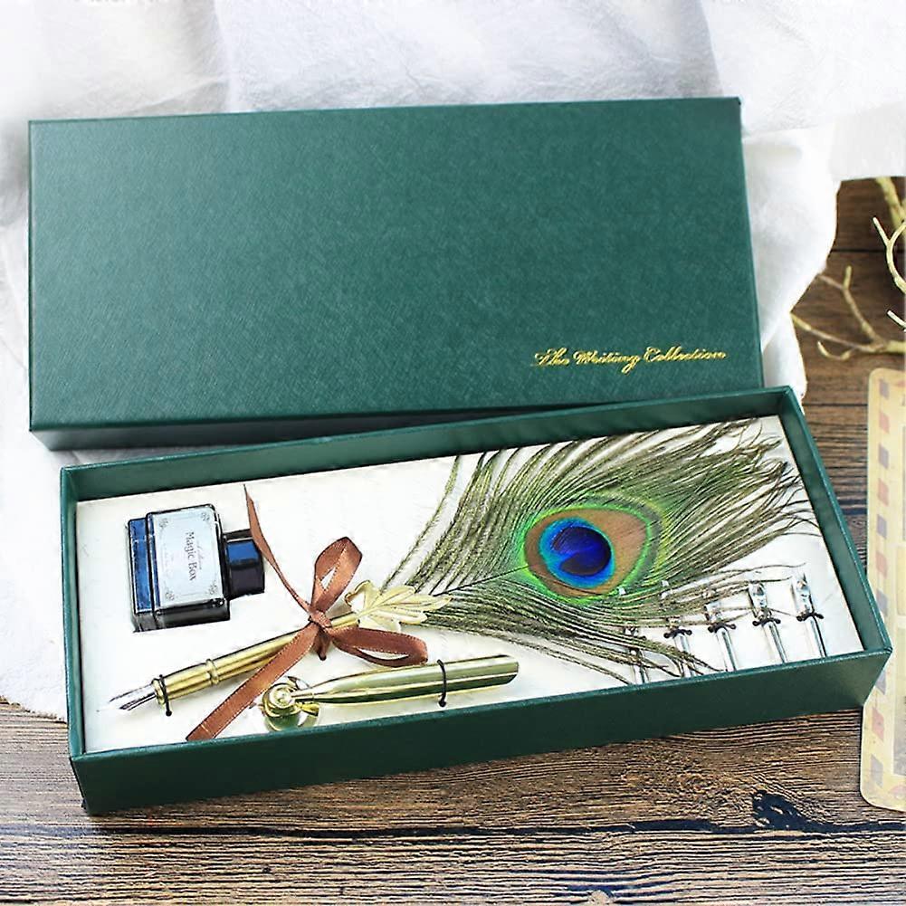 Peacock Feather Quill Pen Ink Set - Vintage Calligraphy Dip Pen with Holder, 5 Metal Nibs, Classic Writing Gift for All