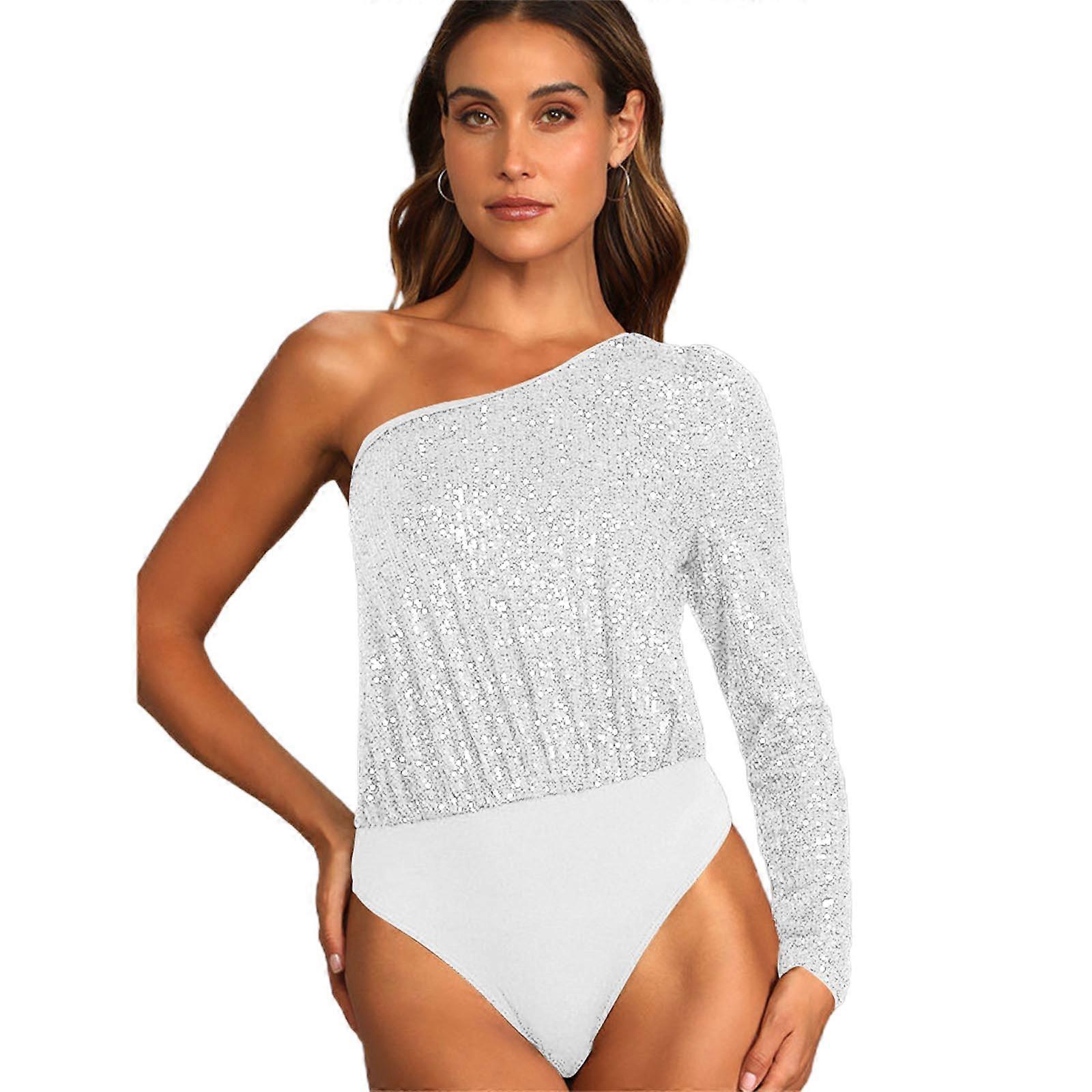One Shoulder Long Sleeve Bodysuit for Womens Sequins Bodysuits Tops Party Glitter Overalls Top Jumpsuit  Silver XL