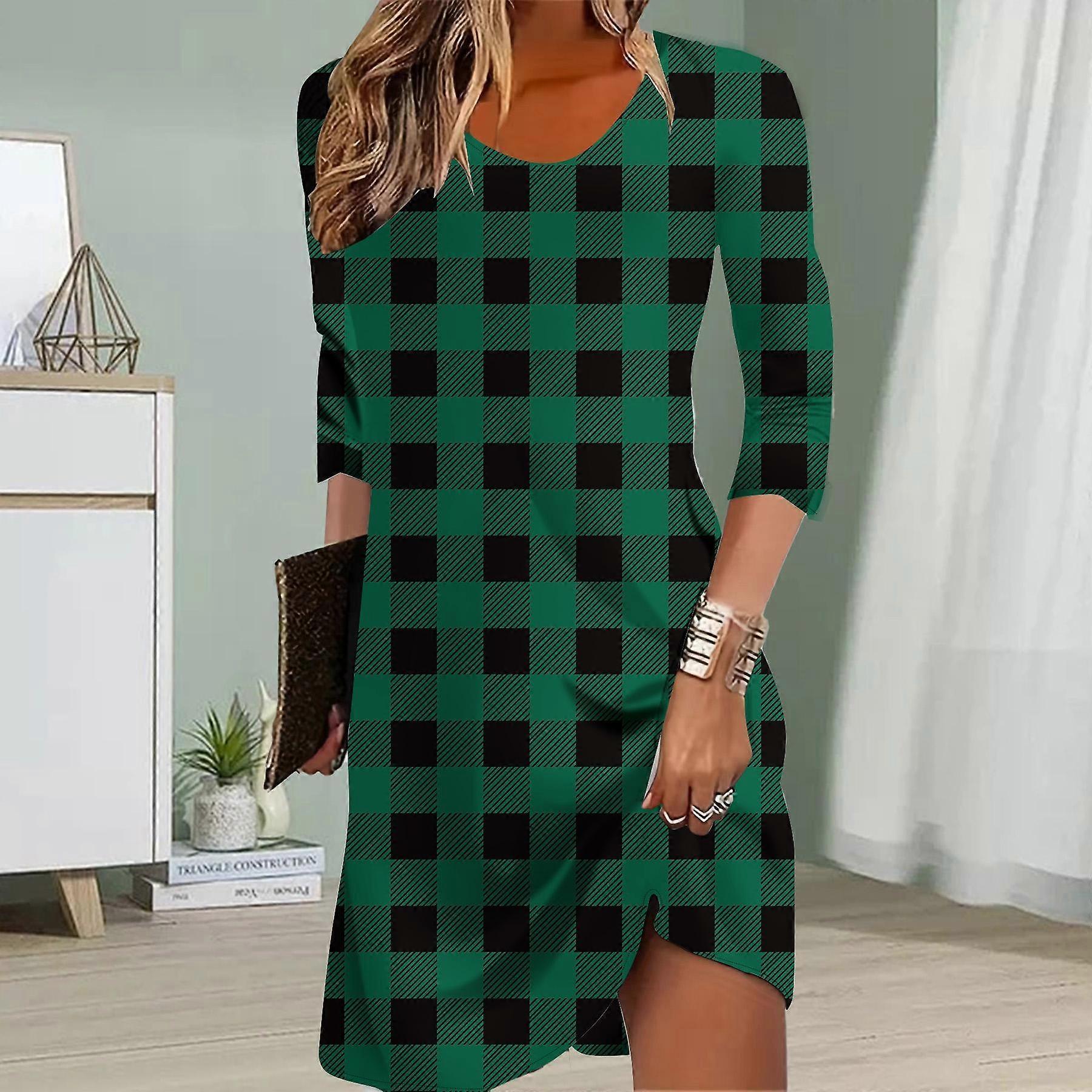 Women Casual Dress Autumn Small Squares Print Dresses For Women O-neck  Short Sleeve Dress Plus Size | Fruugo UK