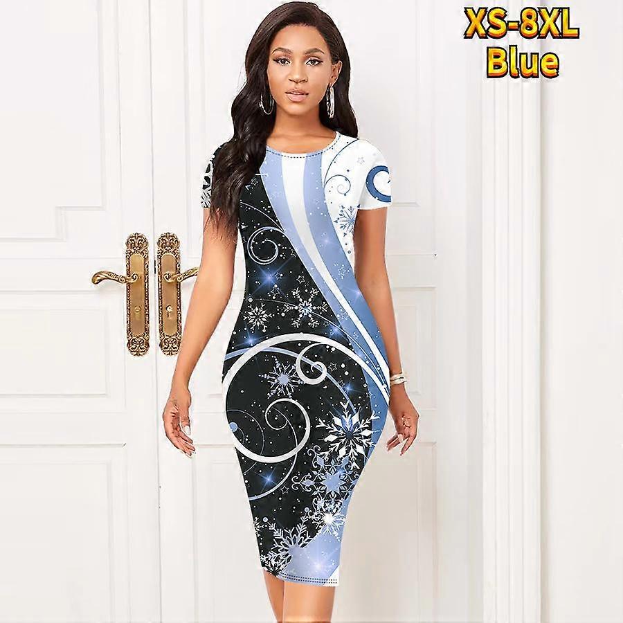 Slim Short Sleeve Lungime Genunchi Rochie Moda Femei Midi 3D Zăpadă Imprimeu Rochie