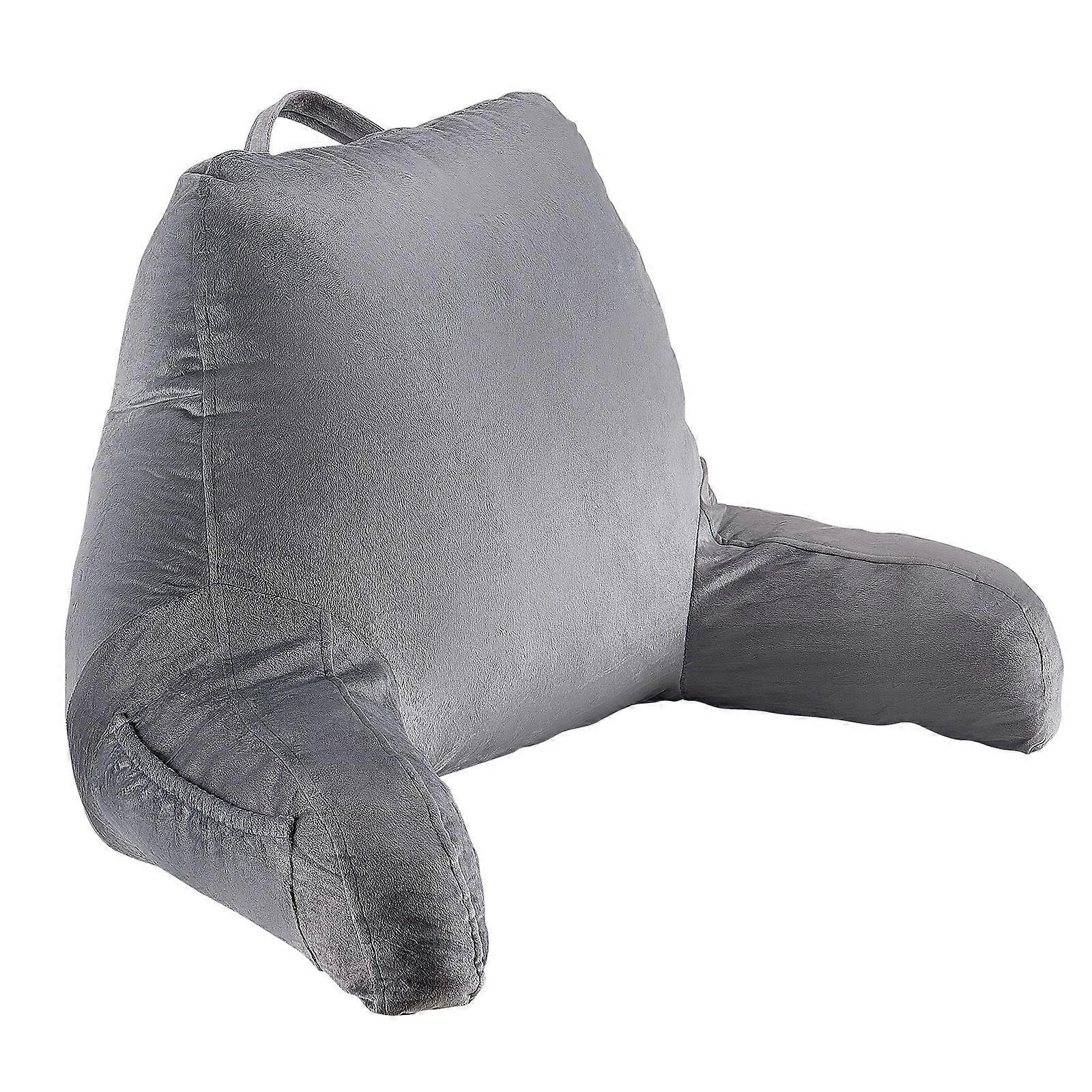 Reading Pillow, Standard Size Bed Pillow with Shredded Memory Foam, Back Pillow with 3 Pockets and Washable Short Velvet Cloth, Grey