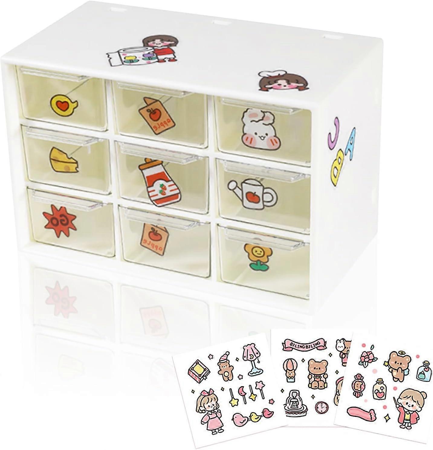 1pcs 9-compartment plastic storage box with cute stickers