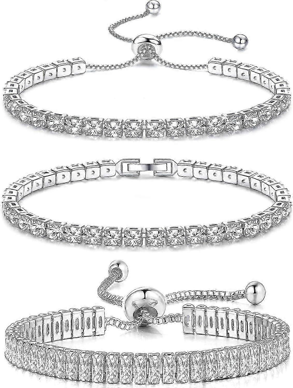 3PCS Tennis Bracelet Silver Set - Crystal Zirconia Adjustable