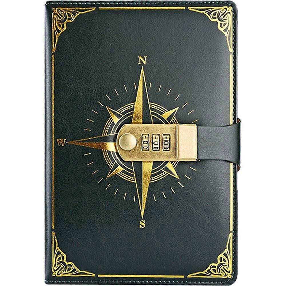 A5 Compass Diary Notebook Leather Travel Diary with Password Combination Lock for Men and Women in Green