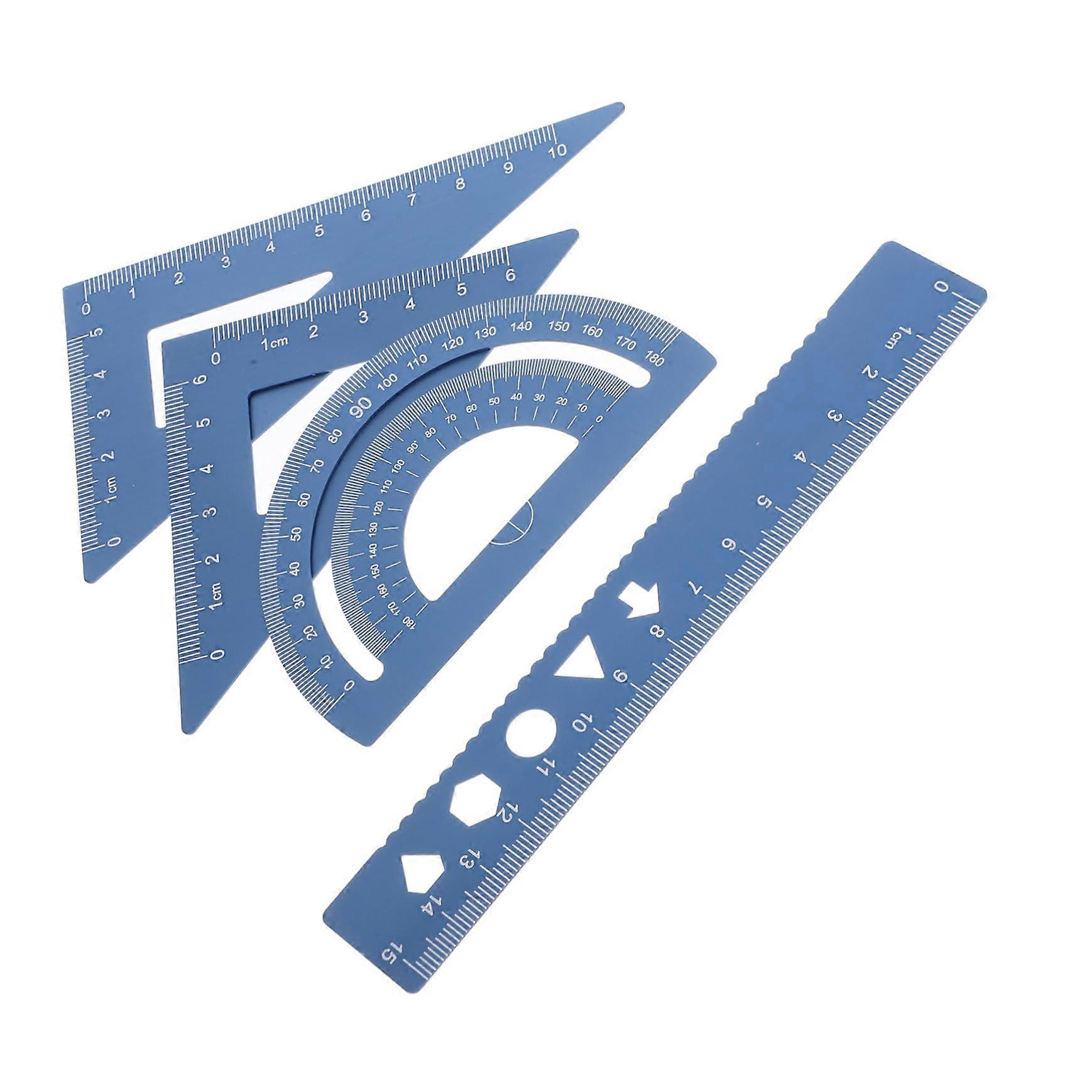 4-Piece Geometry Tools Set with Metal Rulers, Straight Edges, and Multifunctional Triangular Ruler in Blue
