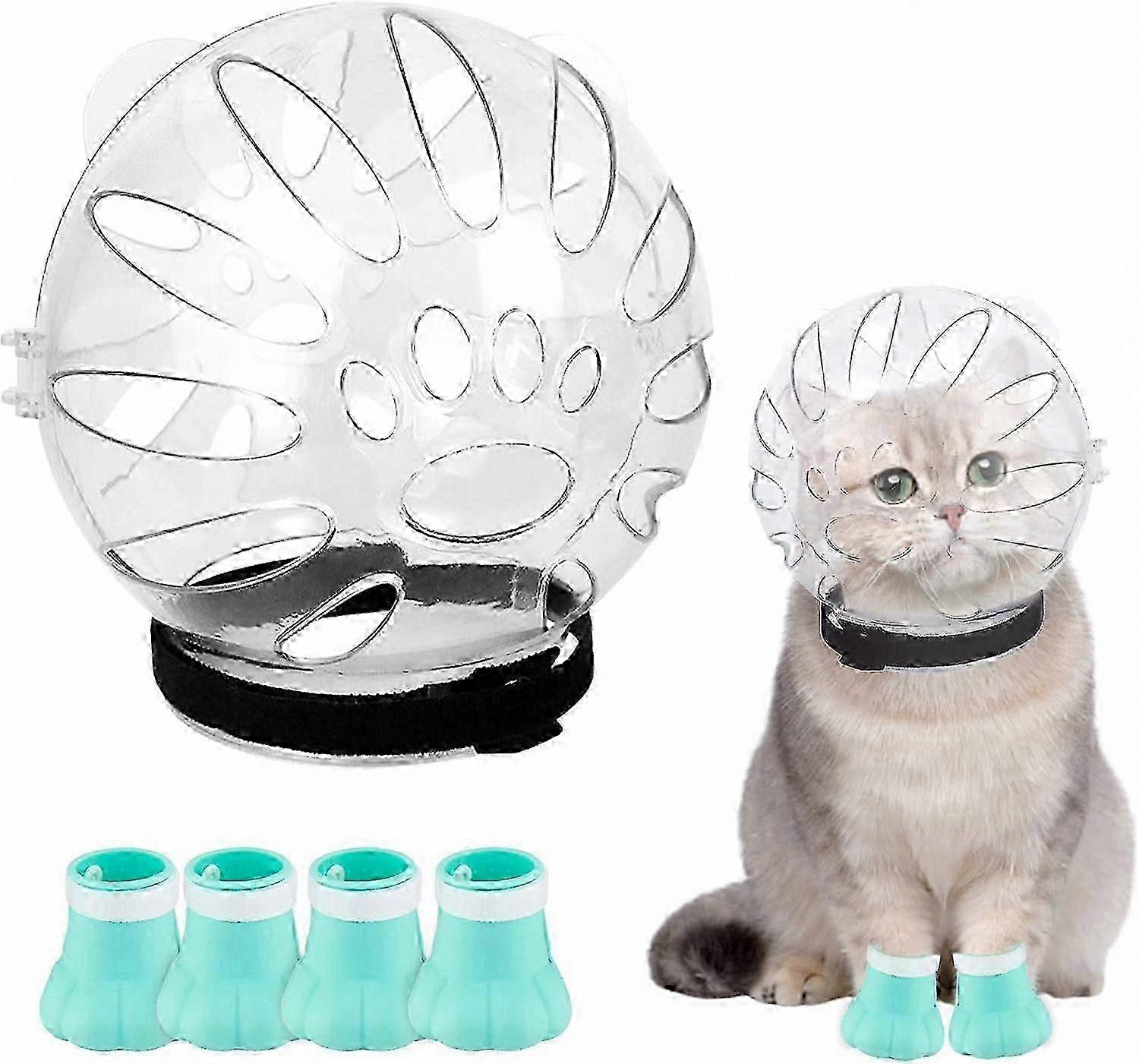 Adjustable Cat Muzzle with Breathable Design and 4 Silicone Paw Covers for Kittens and Cats, Anti-Bite Protection Hood and Paw Protector Set