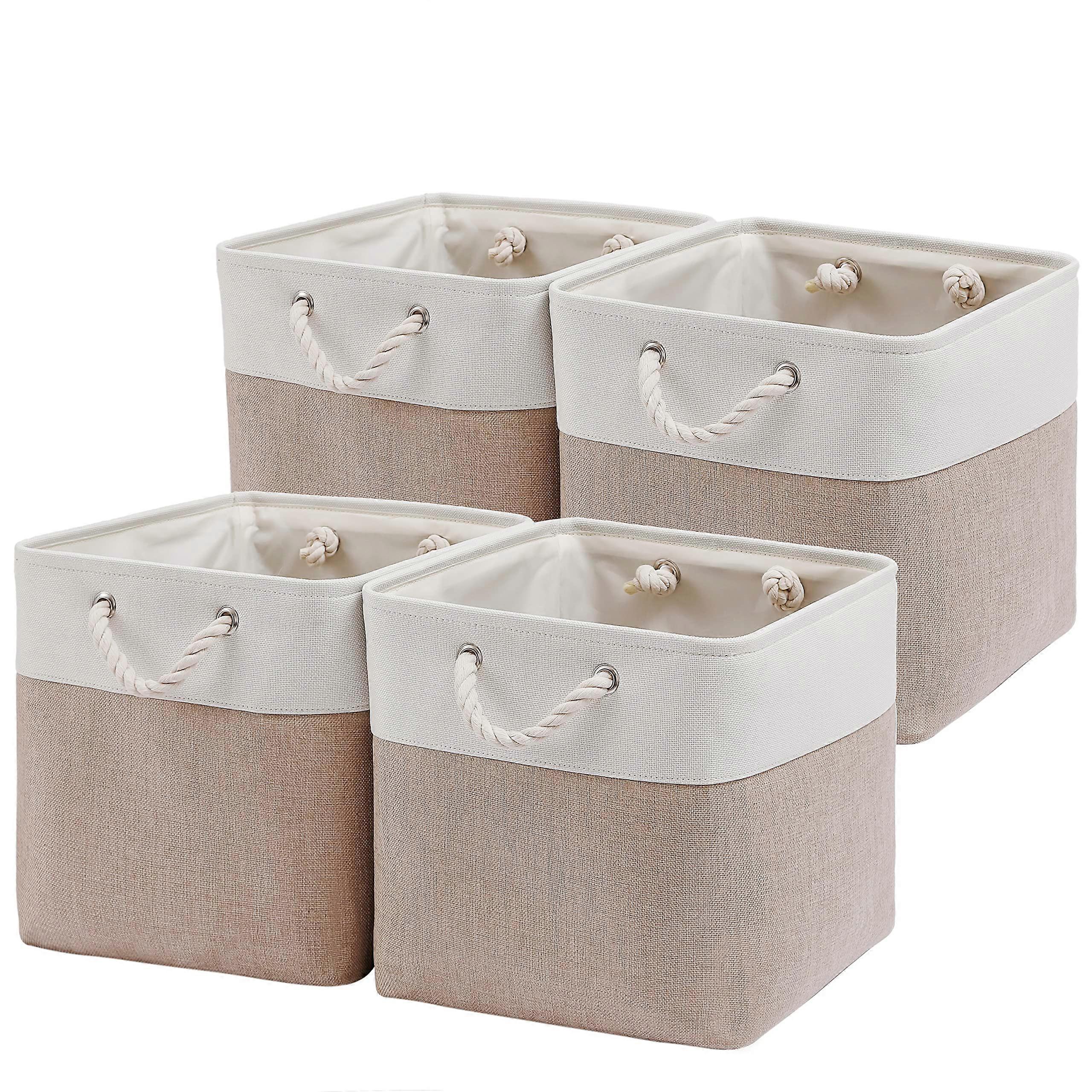 Storage Bins for Organizing 4-Pack XL Fabric Storage Cubes 13x13x13, Foldable with Rope Handles, White & Beige