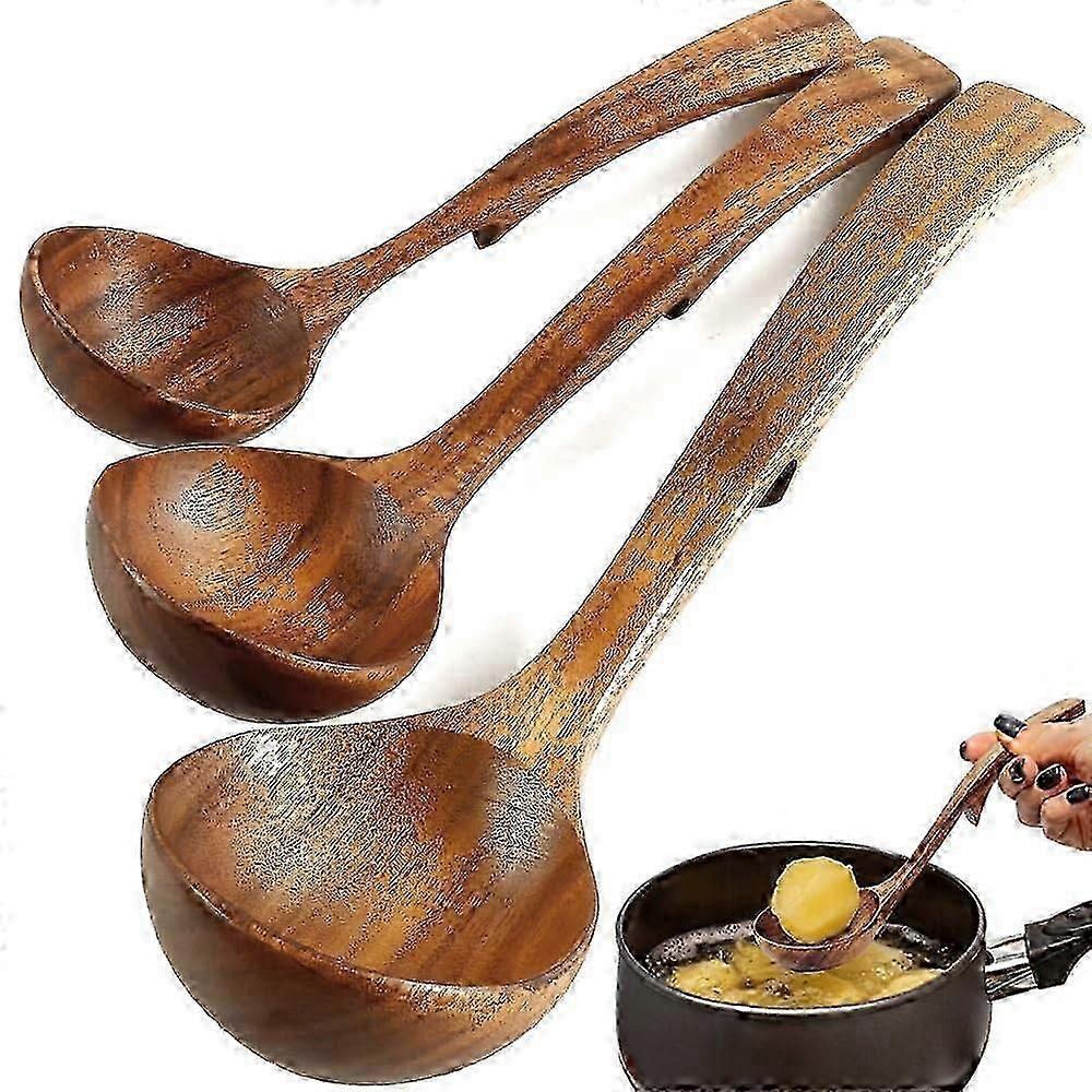Wooden Ladle Set with Non-Stick Coating - Long Handle Kitchen Utensils for Cooking & Serving (3 Sizes)