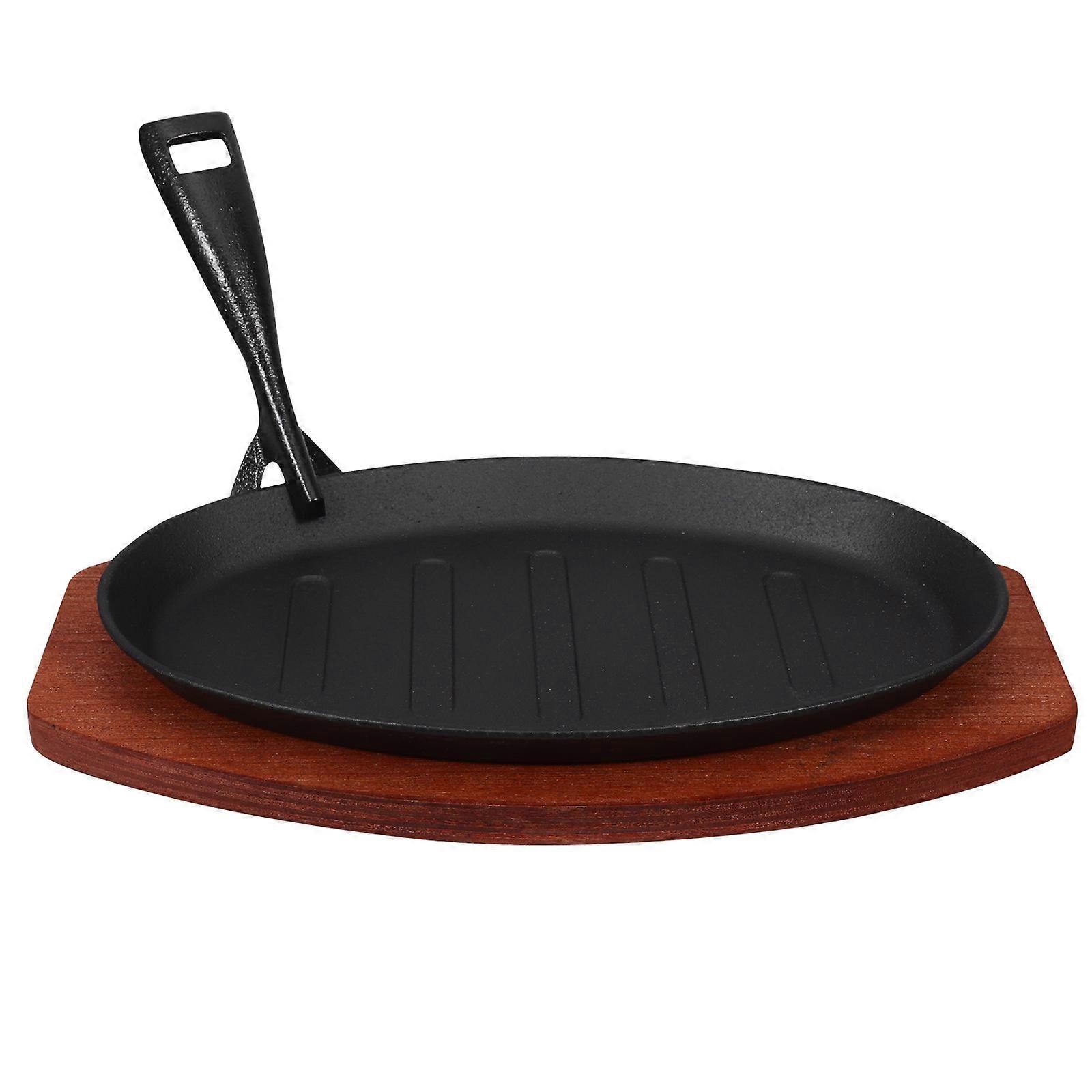 Griddle Pan Cast Iron for Kitchen 1Set with Wooden Base and Fork Black