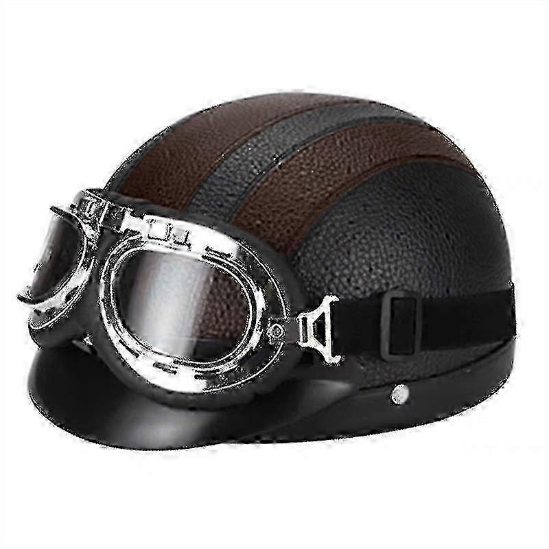 Retro Motorcycle Leather Half Helmet With Goggles