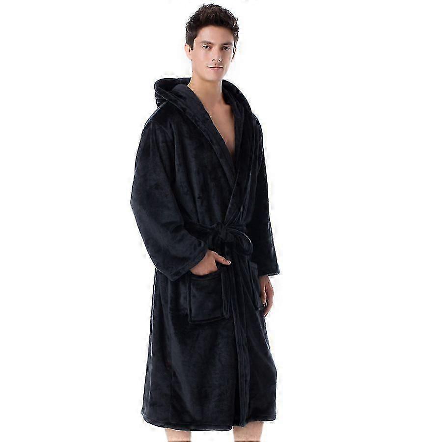 Men's Fleece Long Dressing Gown Hooded Bath Robe Nightwear
