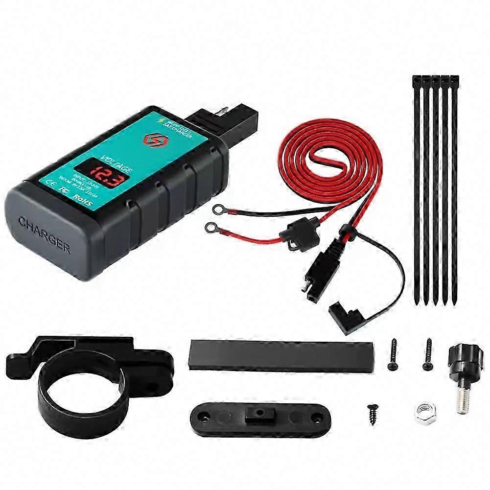 Motorcycle Dual Port USB & Type-C Fast Charger, QC3.0, IP66 Waterproof, 12V-24V Voltmeter, On/Off Switch