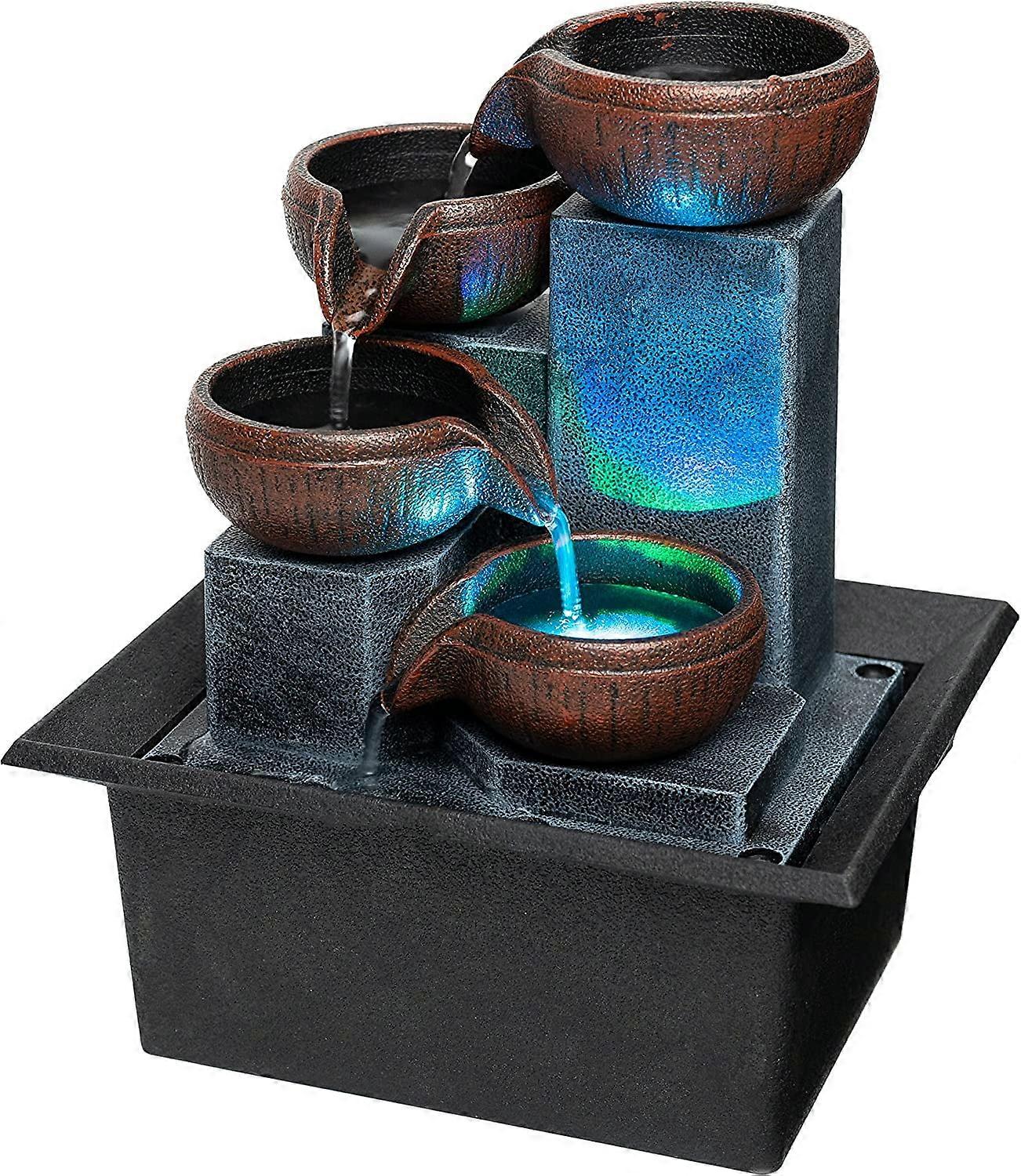 Tabletop Water Fountain - 4-Level Waterfall with LED Lights & Calming Sounds, Compatible with Feng Shui Decor