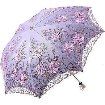 Folding Umbrella with Embroidered Lace for Sun Rain Snow Protection
