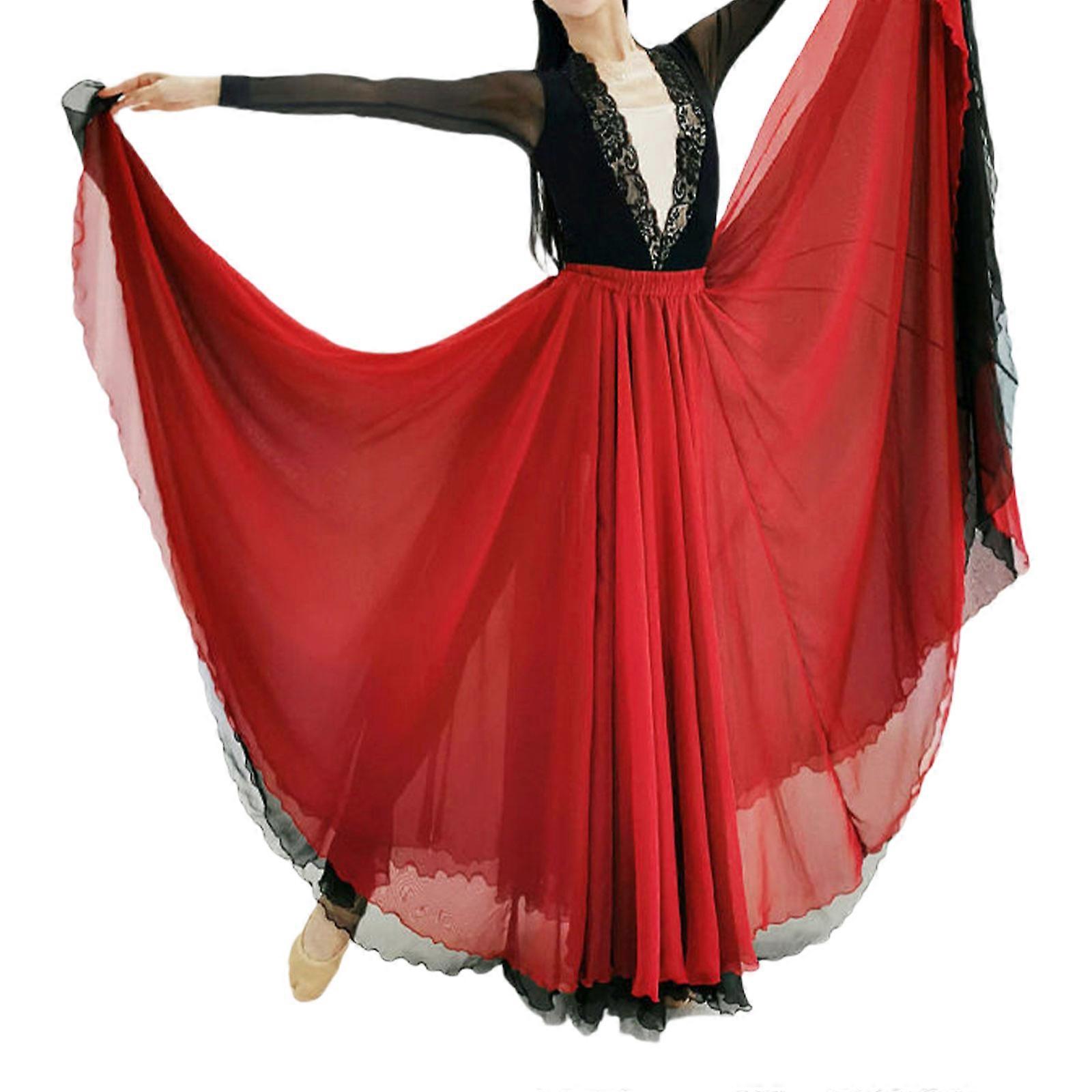 Elegant Double Layer Color Block Lyrical Dance Skirt for Women Big Swing Performances Long Skirt with Elastic Waist  XL