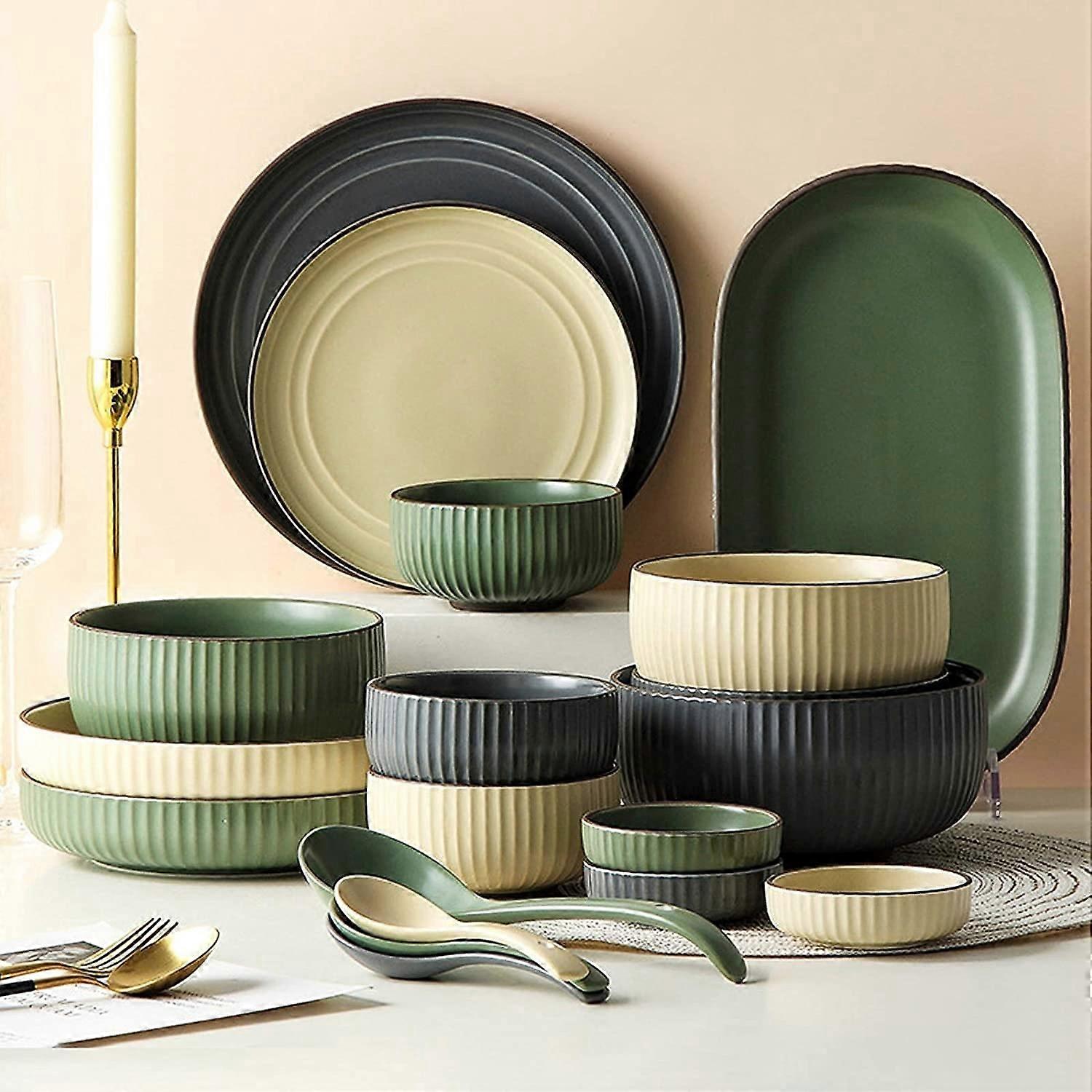 Ceramic Dinnerware Set 38 Piece Nordic Style with 3D Vertical Stripes for Restaurant and Home Use