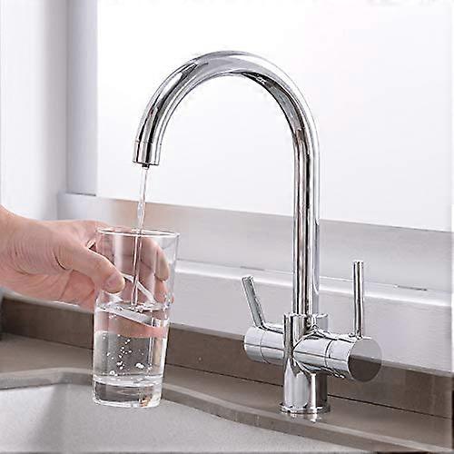 Kitchen Faucet with Drinking Water Filter, 3 Way Chrome Mixer Tap 360° Swivel Dual Handle for Sink