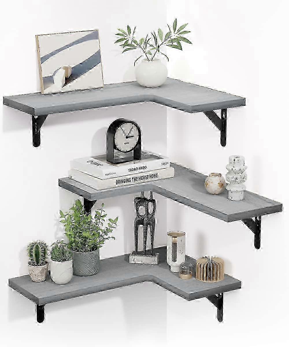 Corner Shelves Wall Mounted Set of 3, Rustic Paulownia Wood Wall Shelves for Multiple Rooms, Floating Shelves