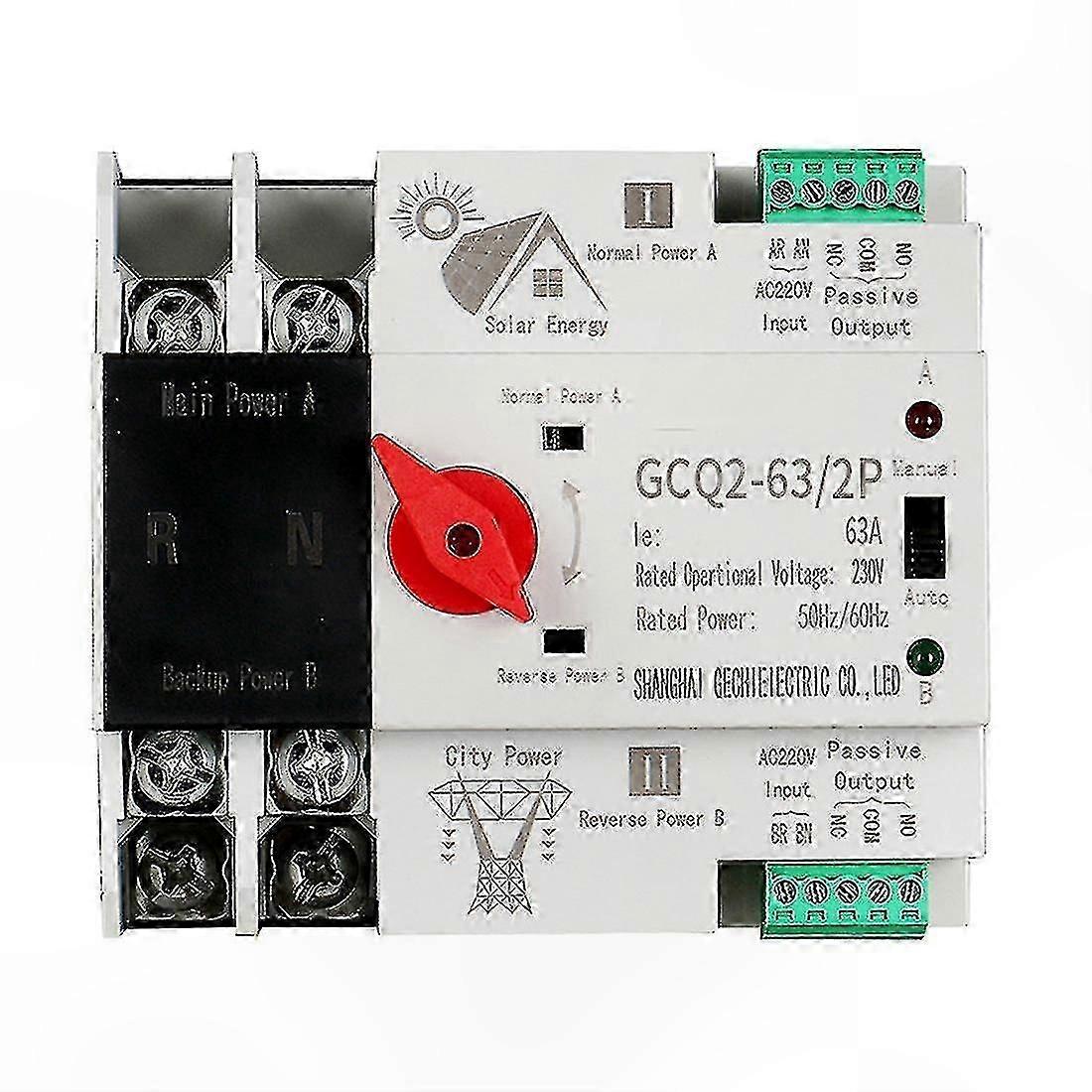 Automatic Transfer Switch 63A 220V for Solar PV Systems, DIN Rail Mount, 2 Pole