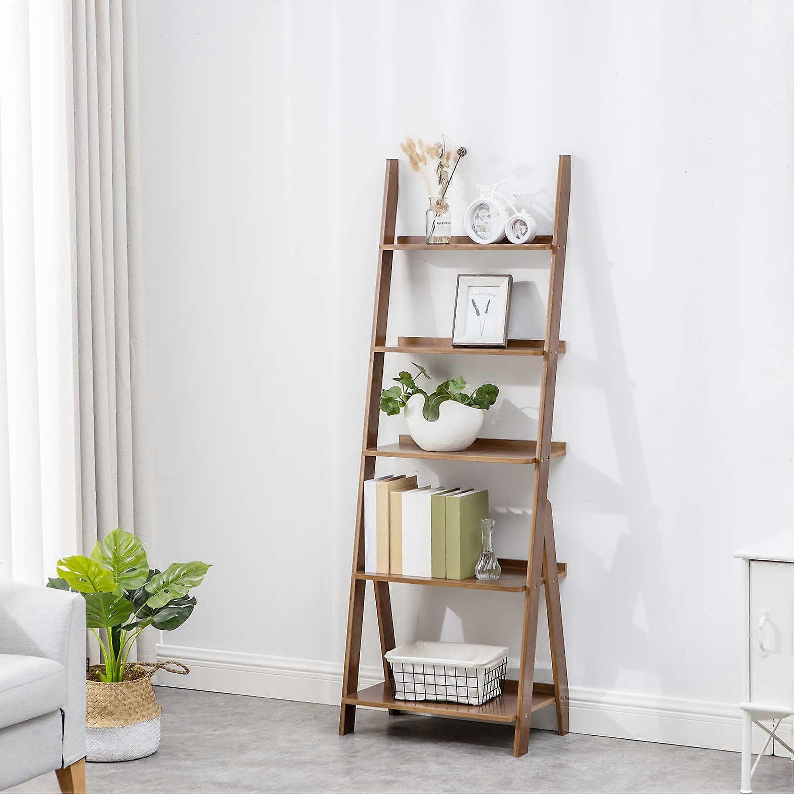 Bamboo Ladder Shelf 5 Tier Storage Rack for Home Office, EcoFriendly SpaceSaving Design Brown