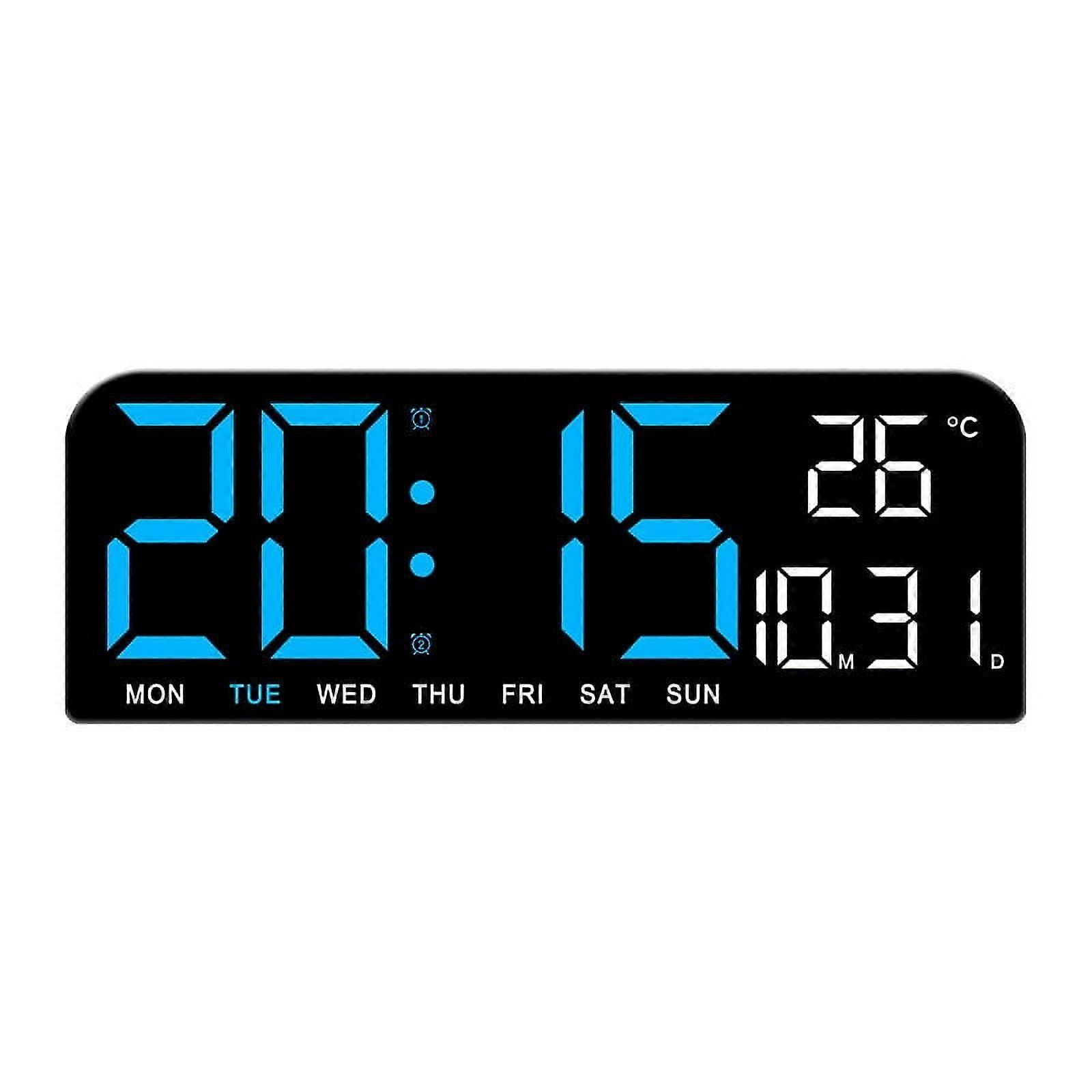 XEOVHV Digital Wall Clock with Remote Control, Large LED Display, 12/24Hr, Date, Week, DST, Timer, Countdown, Temperature, Blue - Compatible with