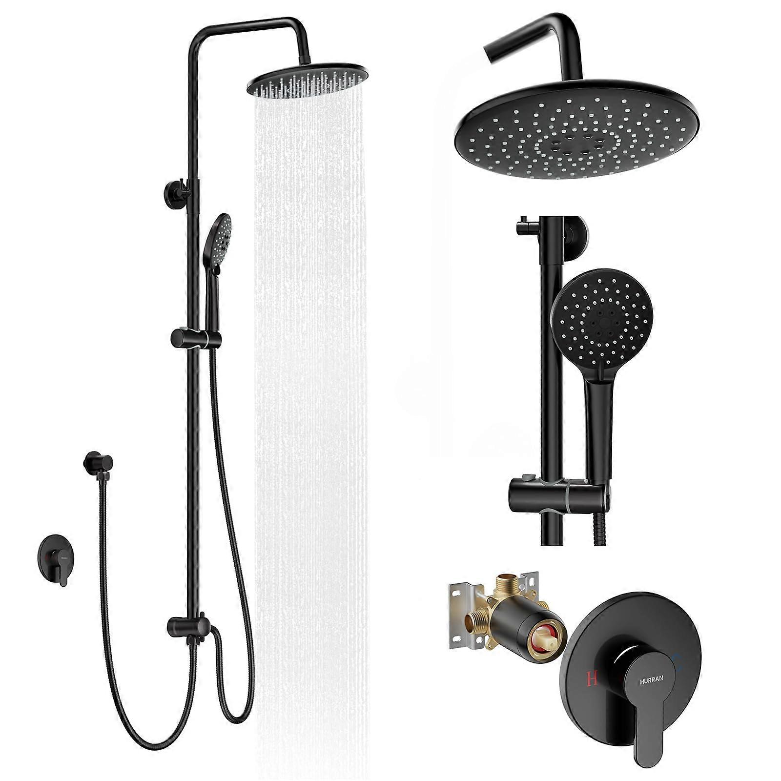 Shower System with 10 Inch Rain Shower Head and Handheld Sprayer, Matte Black Wall Mounted Faucet Set with Valve, Height Adjustable and 3 Spray Modes