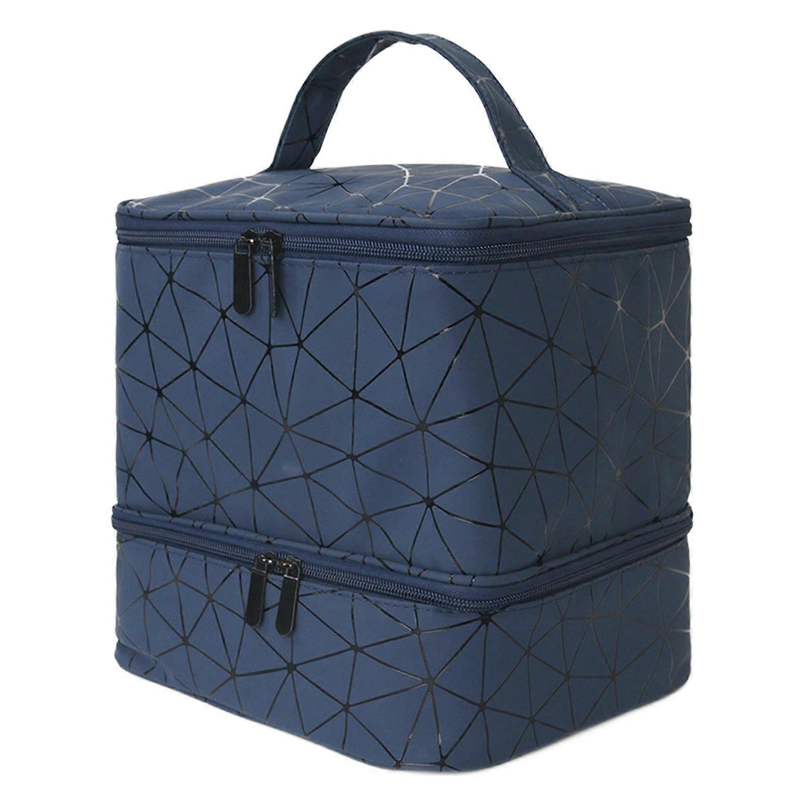 Nail Polish Organizer Double Layer Storage Bag with Handle, Dark Blue Compartments