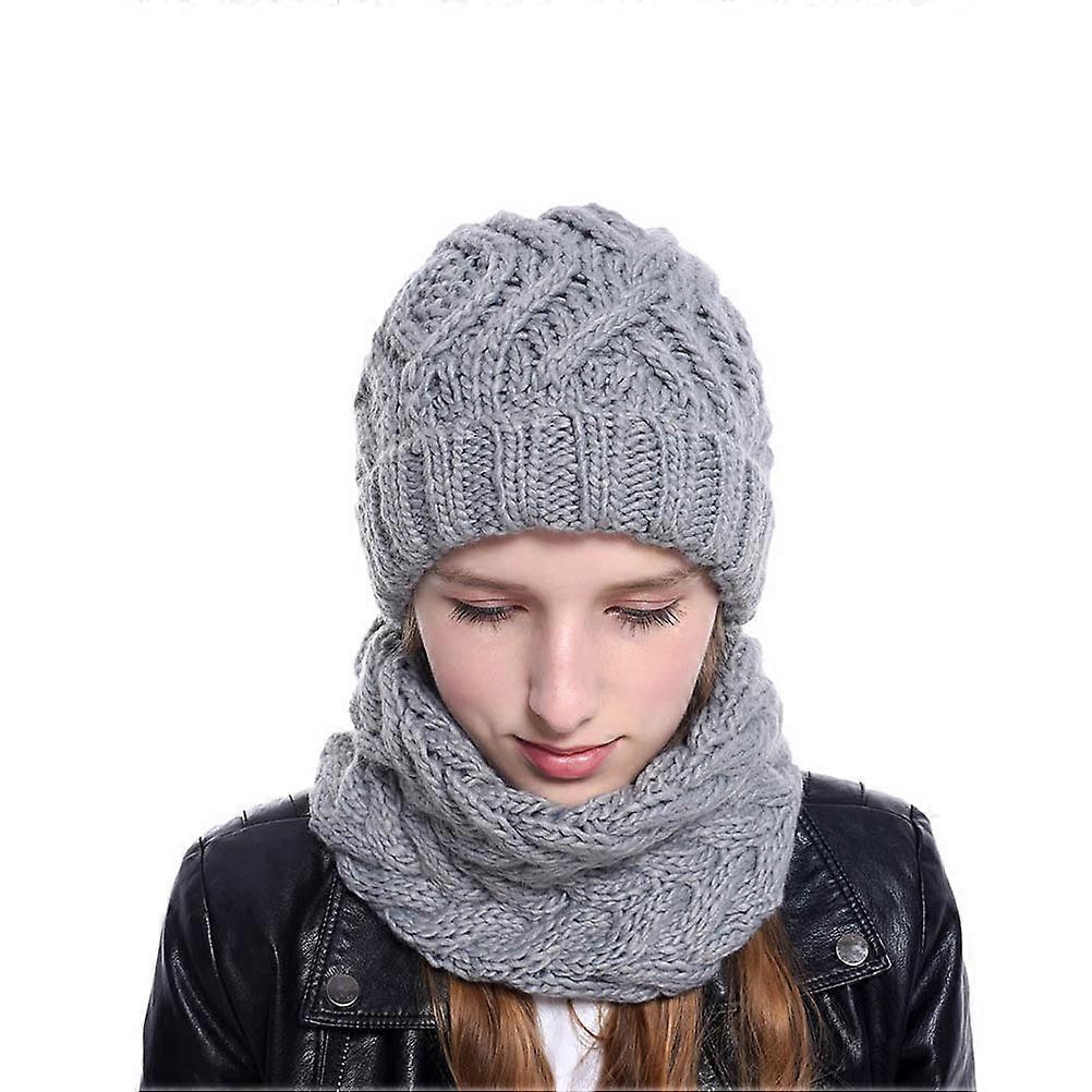 Rhombus Pattern Cap Knitted Hat for Warm Thick Hat Light Grey