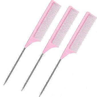 3-pack råttsvanskam stålstift råttsvans kolfiber värmebeständiga retkammar med stjärtspets i rostfritt stål (rosa) 26 st