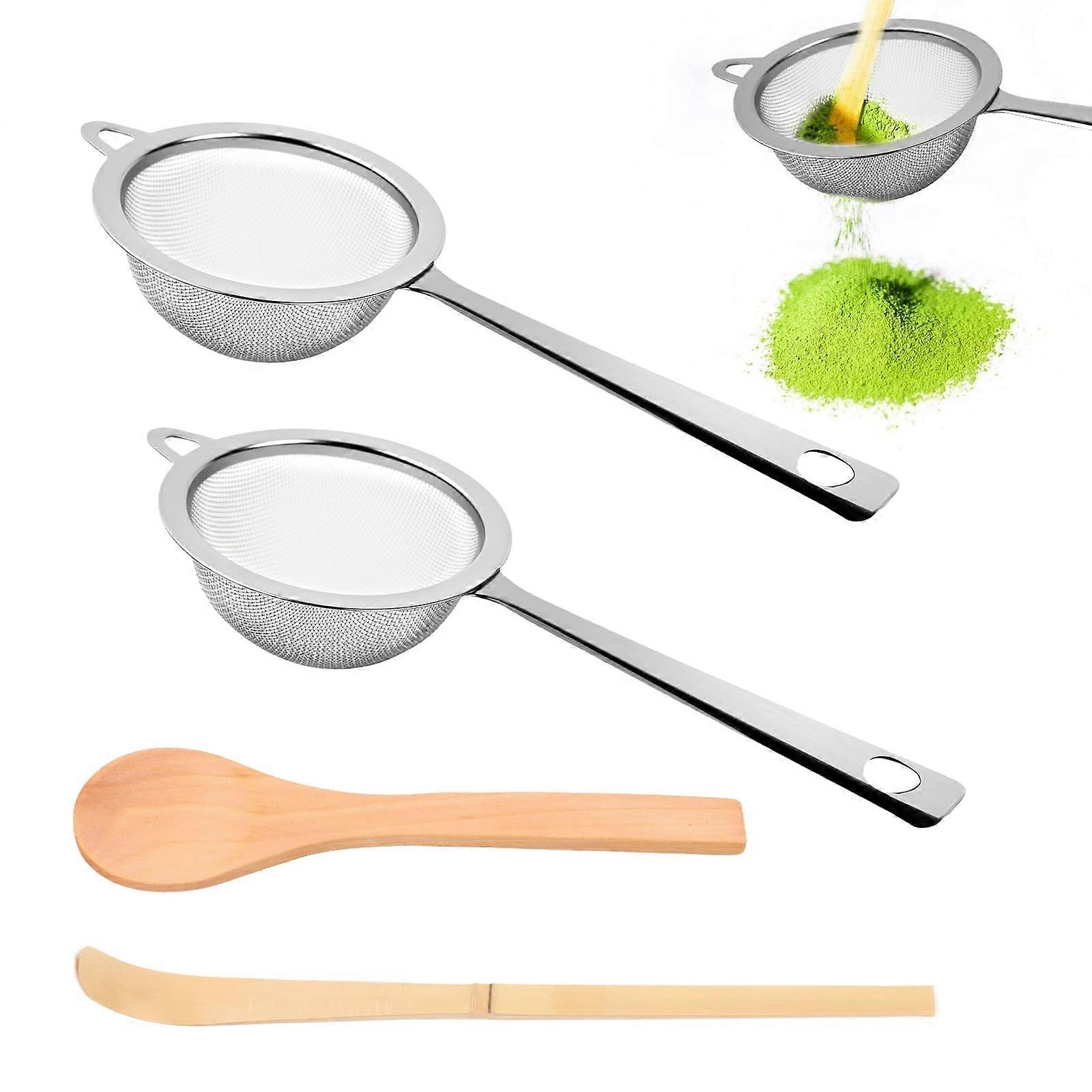 2 Pcs Stainless Steel Tea Strainer with Handle, Small Fine Mesh Matcha Sifter Set with Spoon