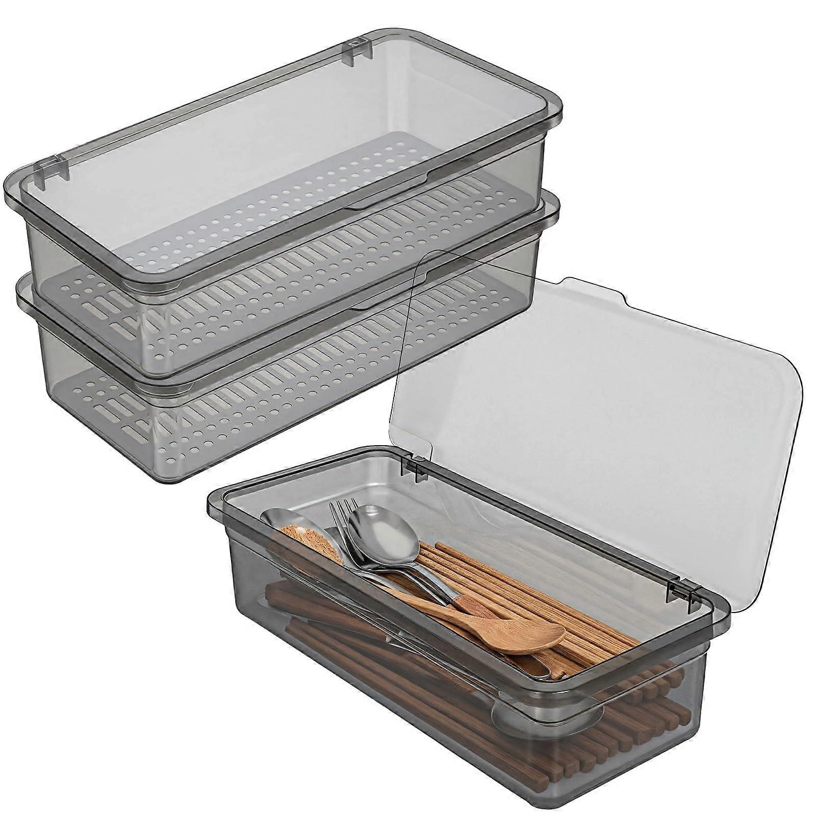 Cutlery Organizer with Dustproof Clear Lid, Stackable Utensil Storage Box with Draining Tray, 3Piece Set