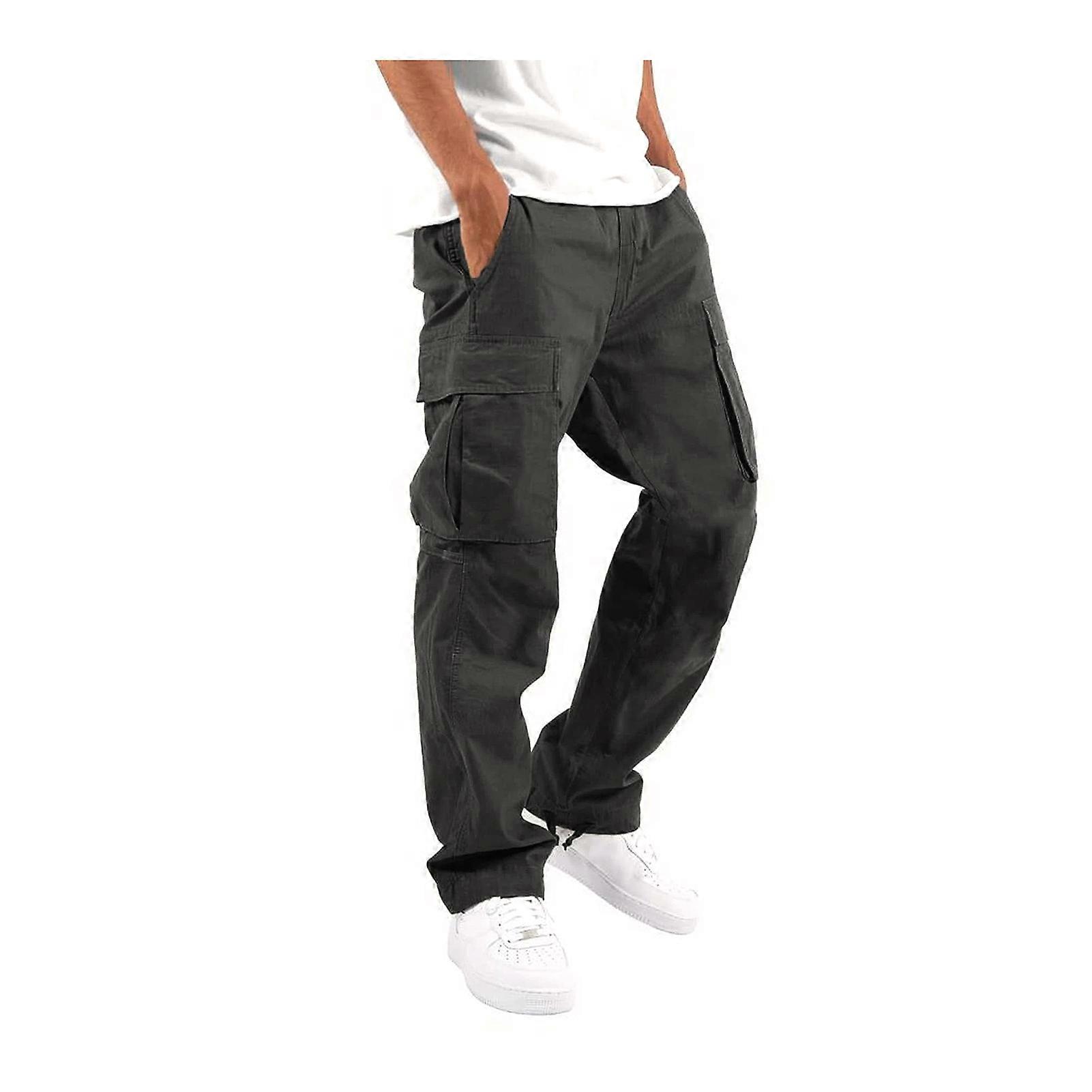 Men Cargo Pants Multi Pockets Drawstring Elastic Waist Adjustable Leg Plus Size Loose Solid Color