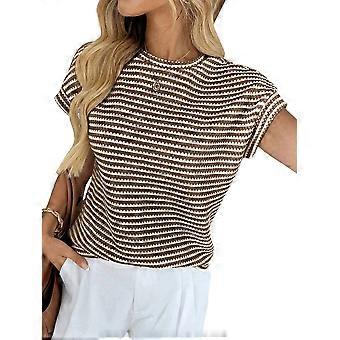 Dames T-shirt met korte mouwen, gestreept, gebreid, casual, ronde hals, losvallend, bruin, maat XL