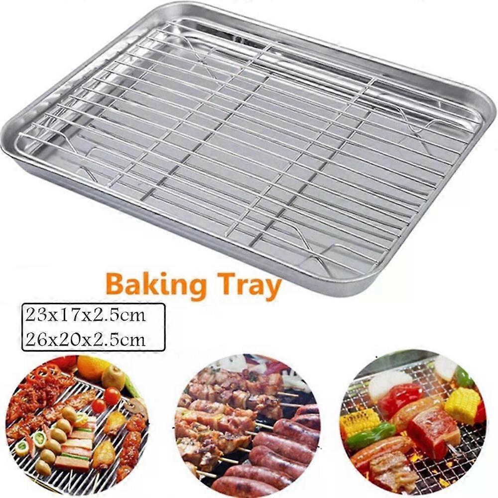 Rectangular BBQ Baking Tray Draining Oil w/ Grid Rack Stainless Steel Baking Pan