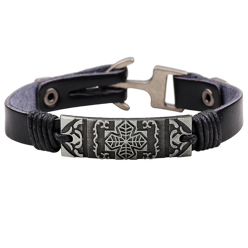 Leather Bracelet With Alloy Leaf Cross Pattern